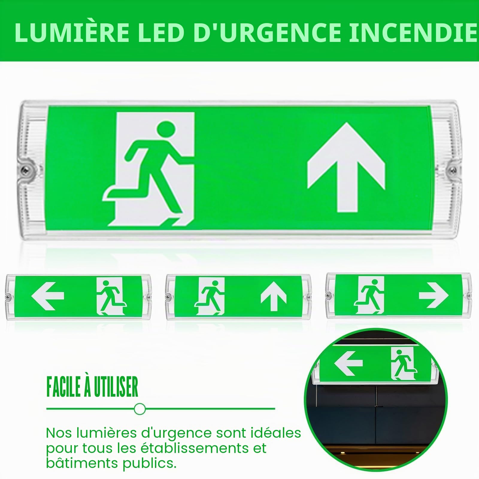 Éclairage de secours à LED, éclairage de sortie de secours à LED, éclairage de sortie de secours étanche IP65 avec batterie de secours, panneau de sortie de secours éclairé 3H, 4 pictogrammes