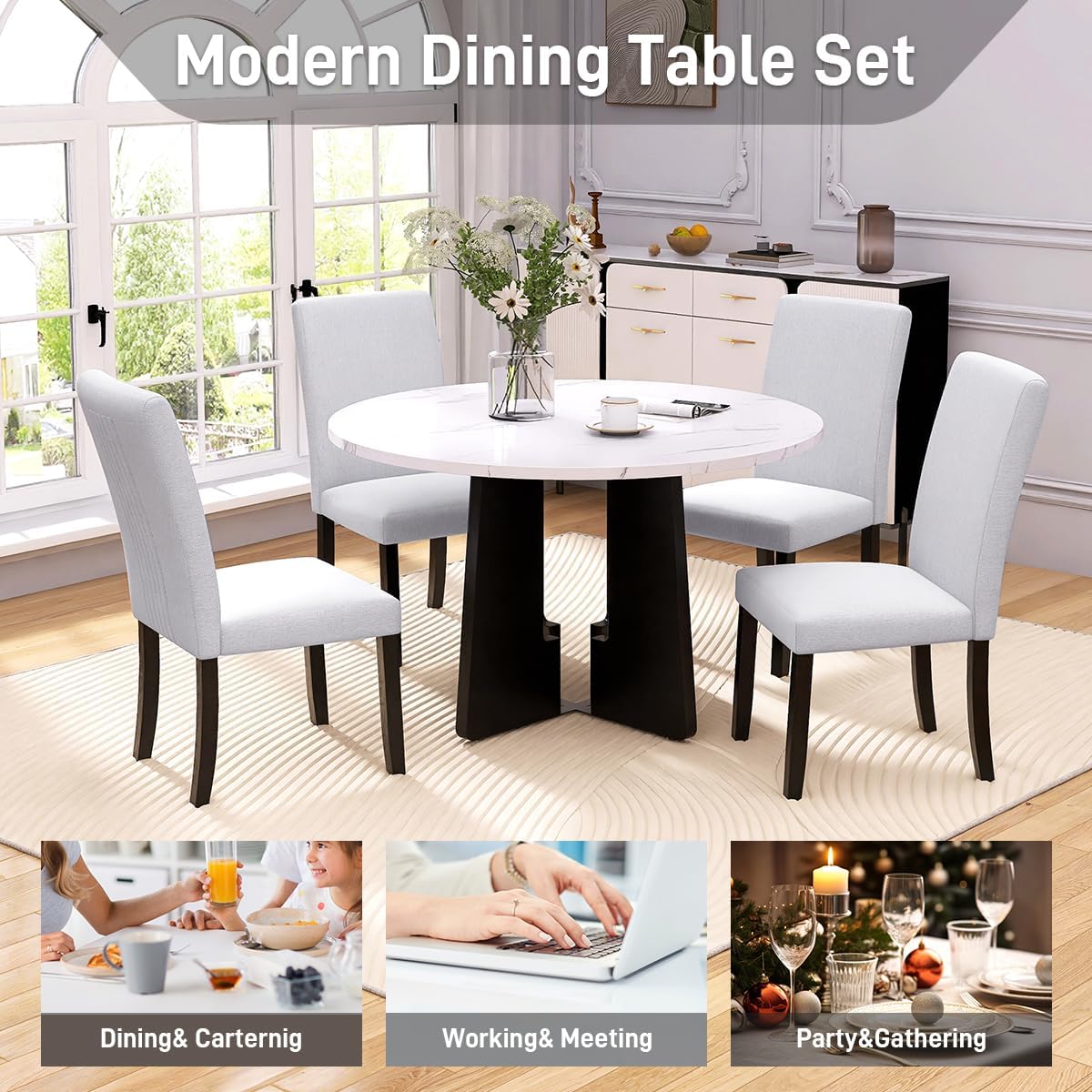Merax Round Dining Table for 4, 43" Small Dining Table with Faux Marble Top for Cafes, Restaurants, Bars, Home Offices and Conference Rooms, White