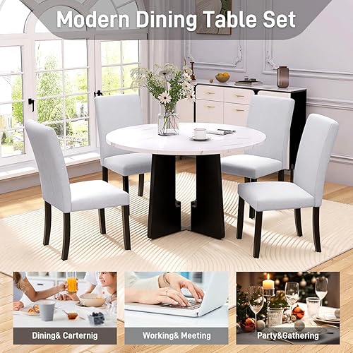 Miniatura 5 de Mesa de comedor redonda para 4, 43 pulgadas, parte superior de mármol sintético, mesa de comedor redonda moderna de mediados de siglo para