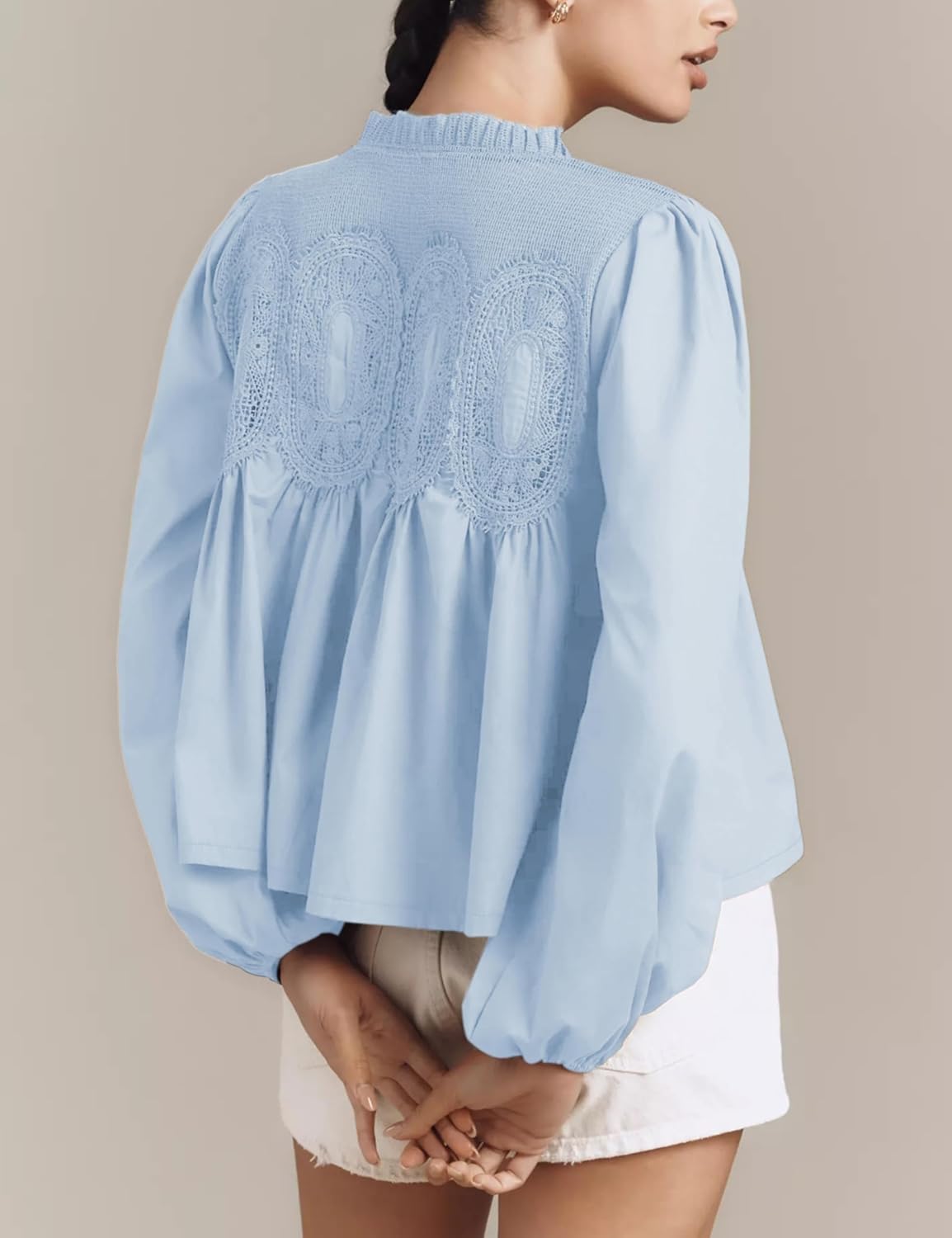 Womens Lace Mesh Flared Blouse Long Sleeve Crew Neck Trendy Floral Embroidered Sheer Lace Poplin Shell Tops - Image 5