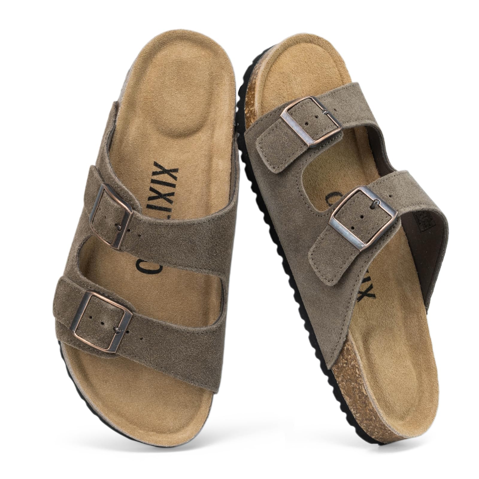 XIXITIAO Wildleder Sandalen für Damen mit Verstellbarer Doppelschnalle, Kork Fußbett Flache Pantoletten mit Fußgewölbeunterstützung und Korkfußbett, Rutschfeste, leichte Schlappen Sommerschuhe
