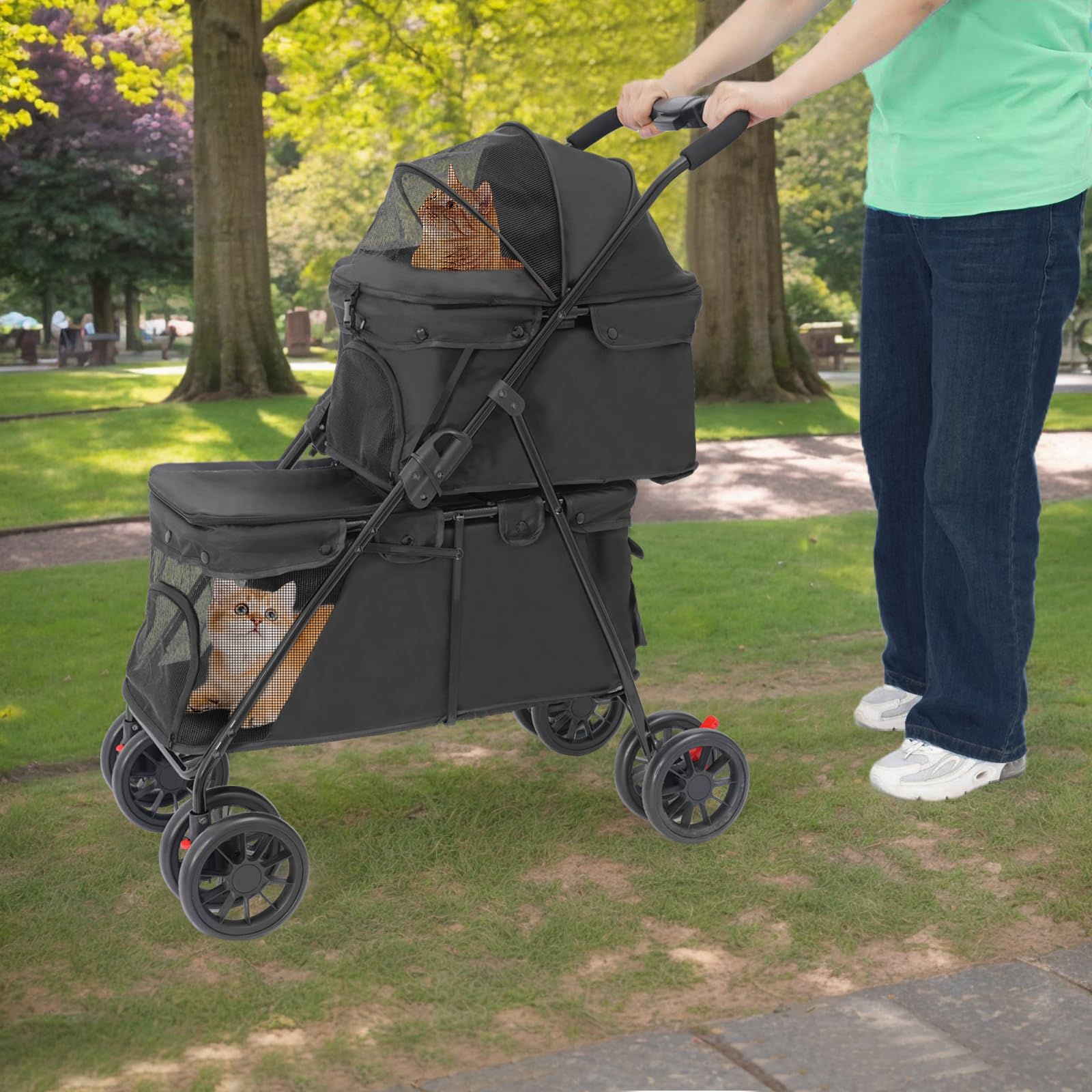 Passeggino per cani a doppio piano, pieghevole, portata fino a 35 kg | Passeggino per animali domestici con finestre a rete, per due cani e gatti, funzione carrello della spesa