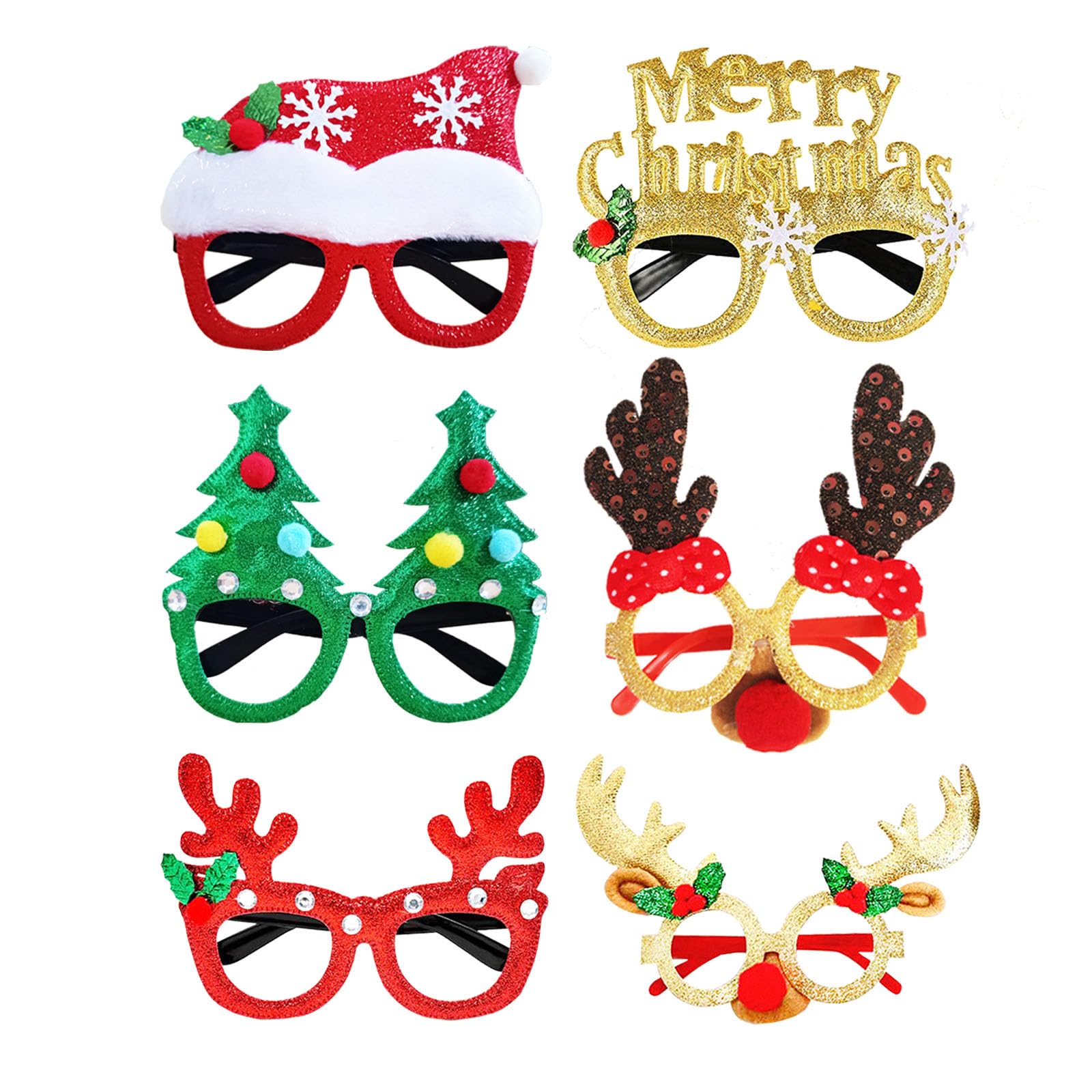 LMSHOWOWO 6 Pieces Christmas Glasses, Glitter Party Glasses Frame, Xmas Novelty Eyeglasses, Fancy Dress Costume Decoration