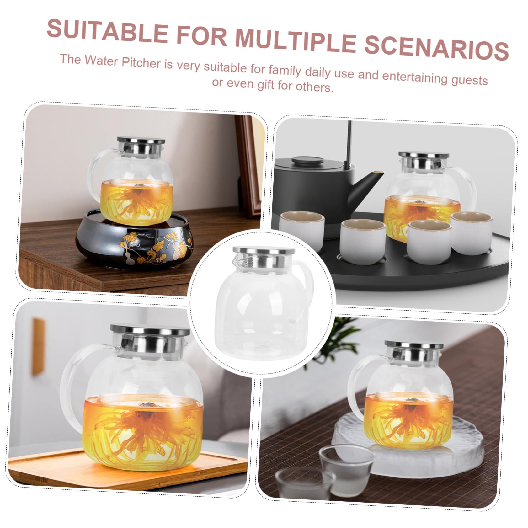 Jarra de Vidrio y Acero Inoxidable con Tapa para Agua Fría y Jugos, Capacidad 1300ml, Portátil y Duradera, Adecuado para Muchas Ocasiones Servir Bebidas