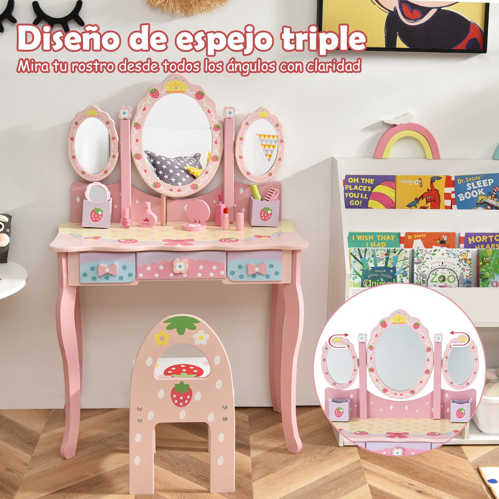 COSTWAY Tocador con Espejo Tripartido para Niños, Mesa de Maquillaje 3 Cajones 2 Cajas Taburete (Rosa)