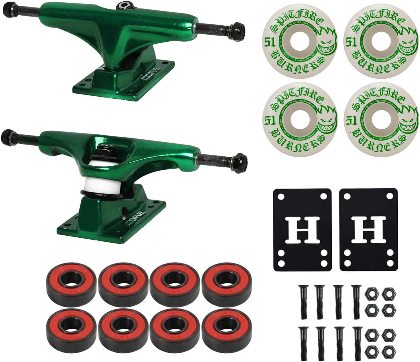 Core Hollow Lightweight Skateboard Trucks + 51mm Spitfire Burners Wheels, ABEC 5 Bearings, Hardware (Package to Complete a Skateboard Deck)