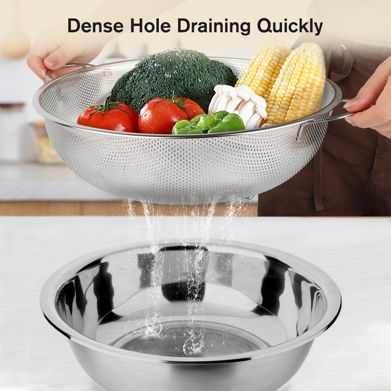 NVIYAM 3pcs Colador de Cocina, Acero Inoxidable con Asas, Juego de Coladores de Cocina Microperforado Pulido Brillante, Colador de Cocina Para Pasta, Frutas, Arroz, Verduras,Apto para Lavavajillas