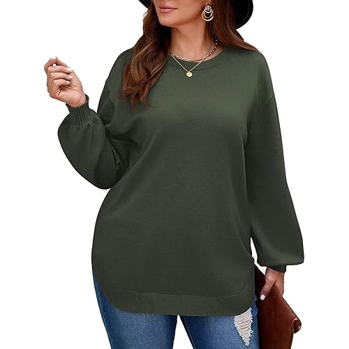 BELAROI Plus Size Sweaters for Women Long Sleeve Shirts Loose Casual Oversized Tunic Sweater Fall Outfits Curved Hem M-5X