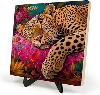 Funny Wooden Decor Sign,Colorful Leopard Wood Sign,Girl Room Decor for Bedroom or Desk, Vibrant Jungle Animal Plaque, Wooden Sign Desk Decor with Stand 5.9x5.9inch(Leopard)