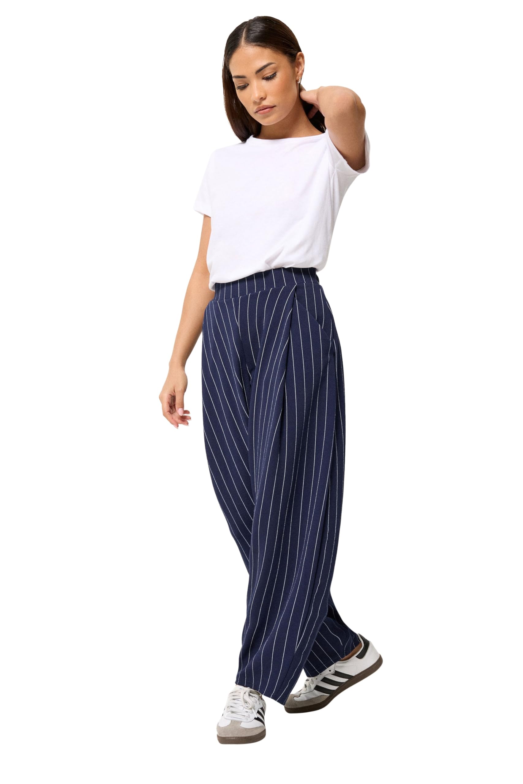 Pixiegirl Women's Mid Navy Petite Stripe Barrel Leg Trousers In Small