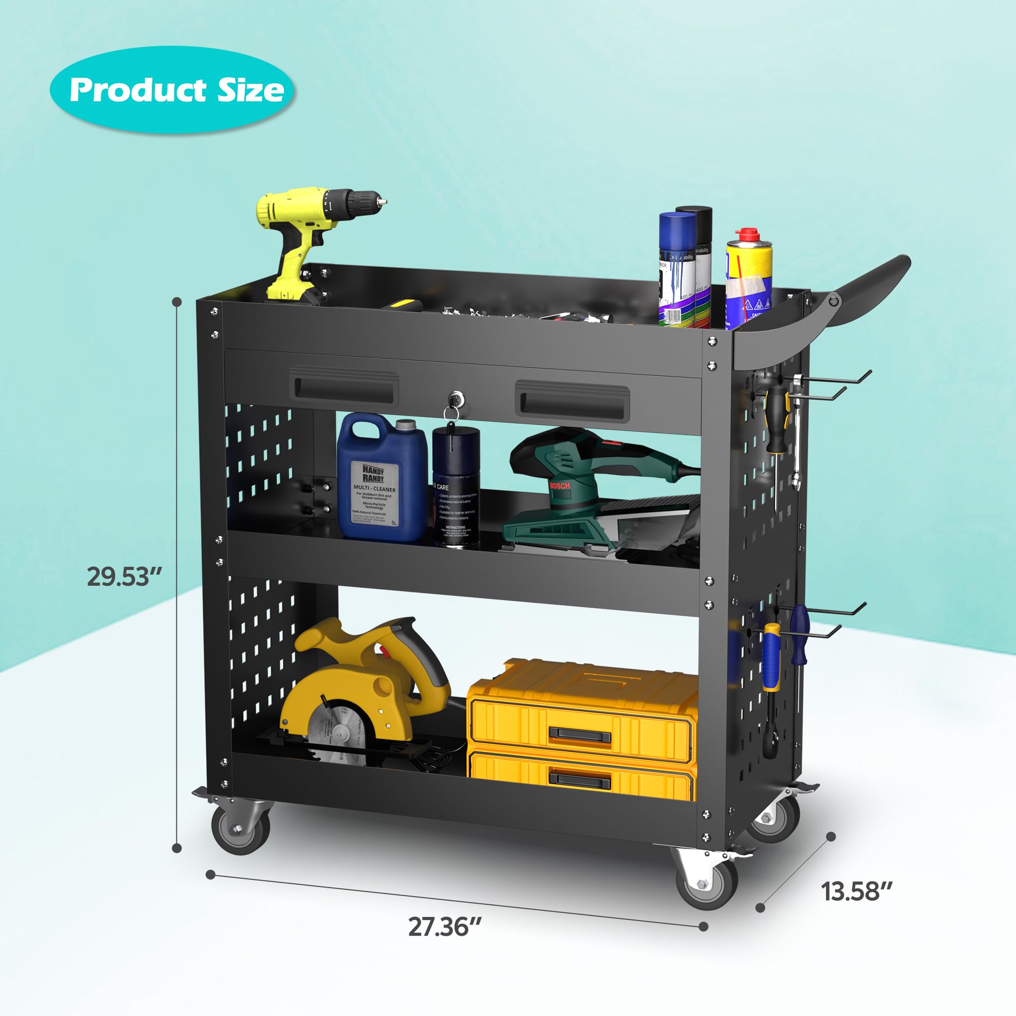 Werkstattwagen Metall-Handwagen Montagewagen 75×70×35 cm, mit Abschließbarer Schublade, Vier Haken, Maximale Tragfähigkeit 150 kg，Schwarz