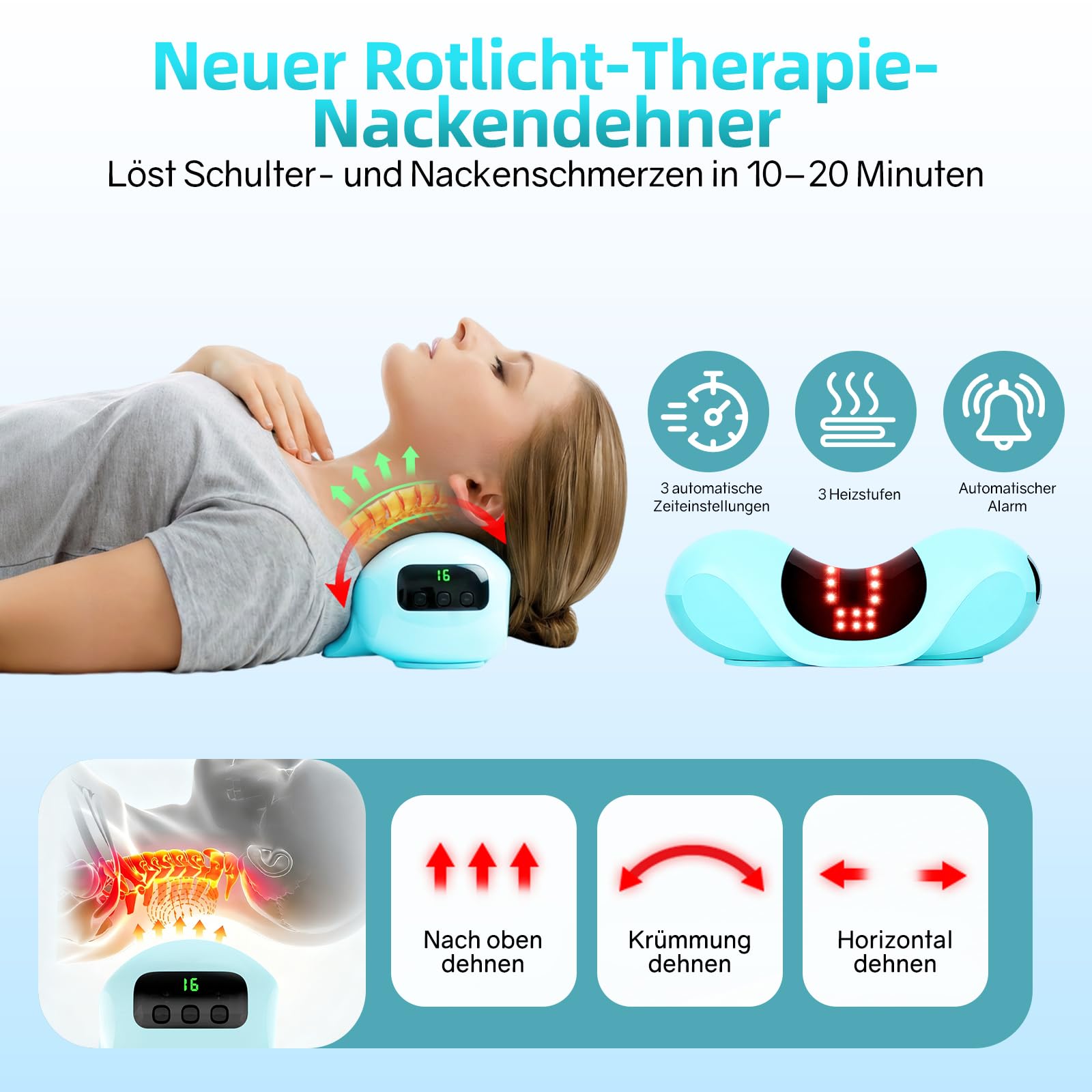 Nackenstrecker mit Wärmetherapie & Rotlichttherapie 660 nm & 850 nm, Verspannungen und Steifheit im Nacken lösen, mit 2 Polsterkissen, Nacken Traktionsgerät für Personen mit Nackenermüdung