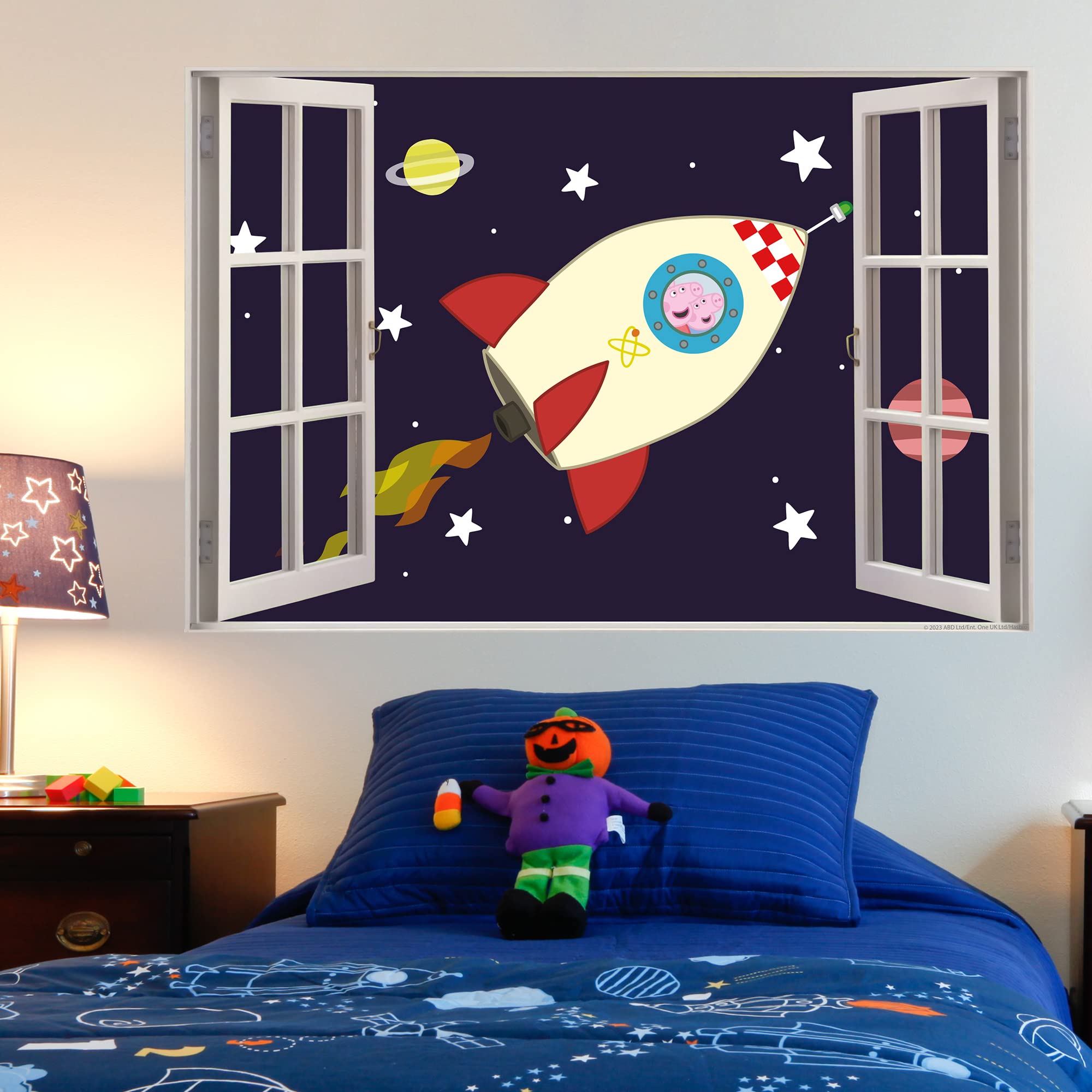 Themed Pink Peppa Pig Wall Sticker - Peppa And George Space Rocket Window Wall Decal Kids Art (120Cm Width X 80Cm Height)