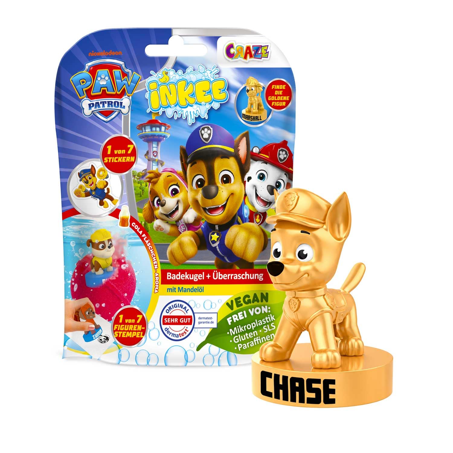 INKEE Surprise Bath Bomb with Paw Patrol Mini Figures Gold Edition – 100g Cola Gummy Scented Bath Bombs with Almond Oil, paw Patrol Gift for Kids to Collect