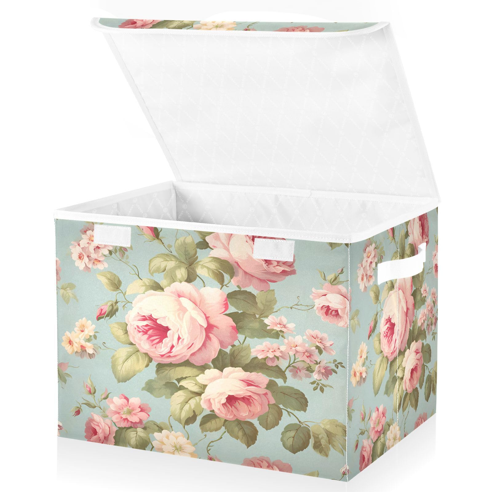 Mnsruu Flower Baskets Collapsible Storage Bins with Lids, Vintage Pink Rose Flower Storage Boxes Clothes Baskets for Organizing