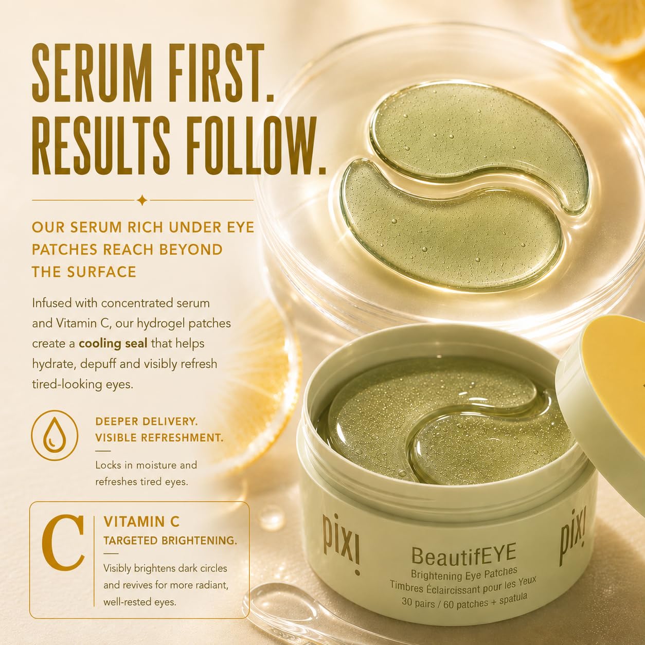 Pixi Beauty BeautifEYE Eye Patches | Parches Ojos Bolsas y Ojeras con Vitamina C, Licorine y Ginseng | Contorno de Ojos Parches de Hidrogel Iluminadores y Energizantes | 30 Pares (60 Unidades)