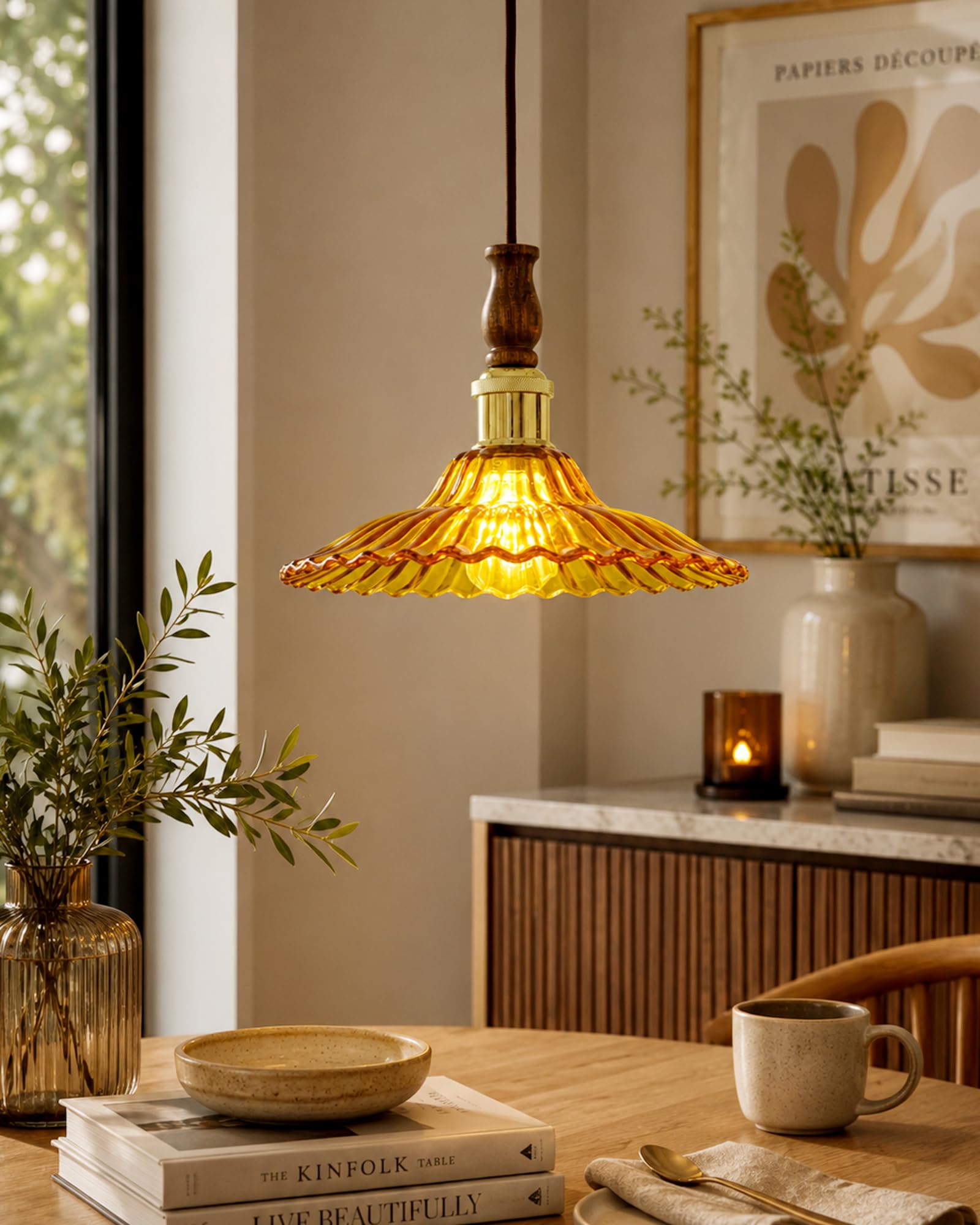 Homesake® Petalia Vintage Fluted Glass Pendant Light | Wooden Top Ceiling Hanging Lamp with Nickel Holder, E27 Decorative Pendant Light for Dining, Kitchen, Bedroom & Living Room (Yellow)-image-35