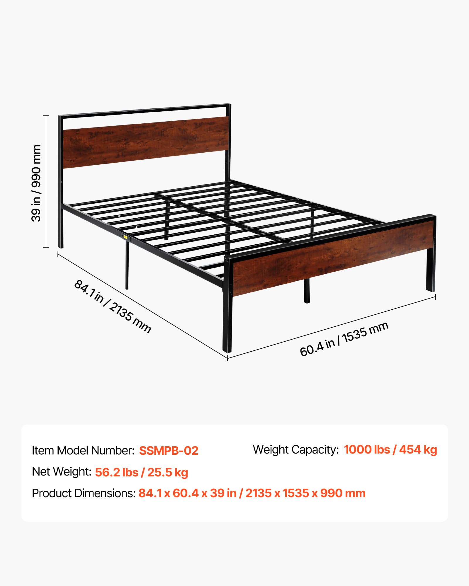 VEVOR Estructura de Cama Tamaño Queen 2135x1535x990 mm de Plataforma de Metal Negra con Cabecero y Pie de Cama de Madera Marrón Retro, Espacio Debajo de la Cama, Antideslizante, no Necesita Somier