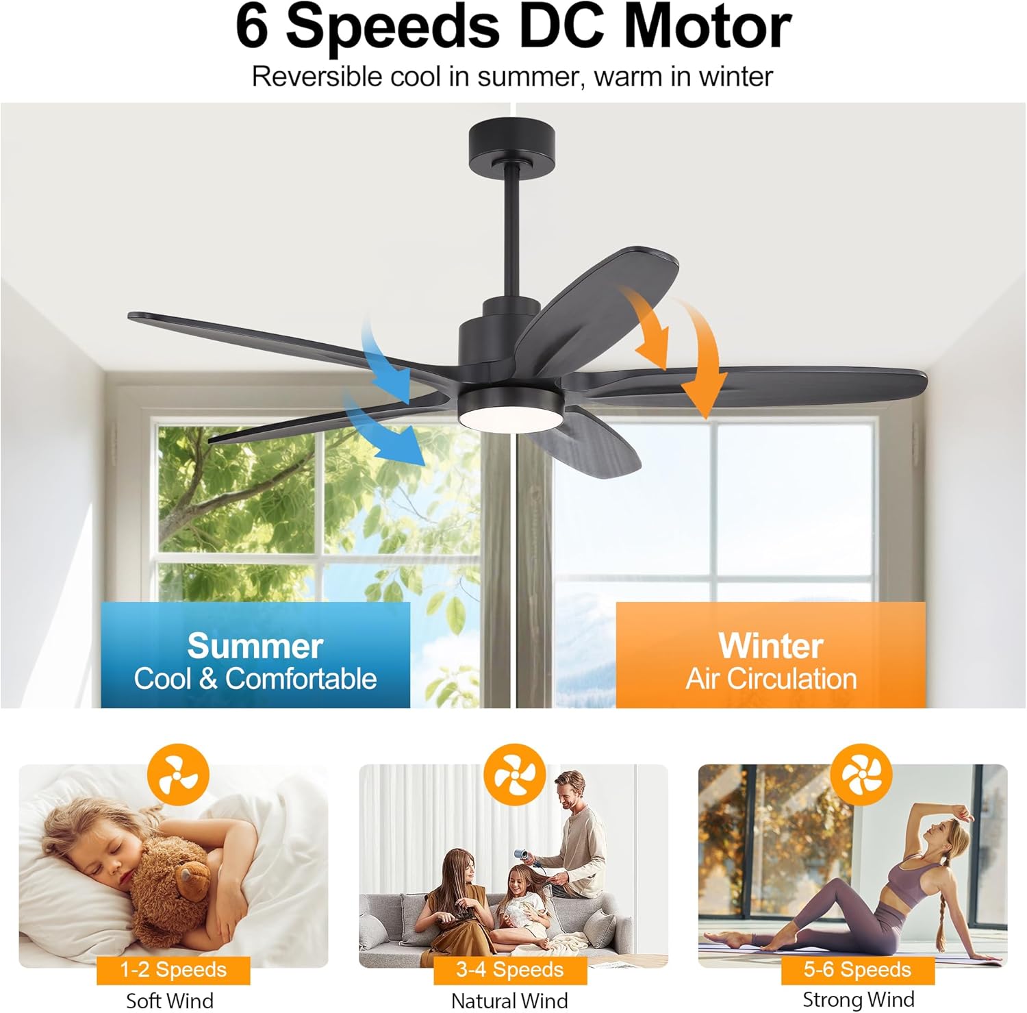 WINGBO 54" Ceiling Fan with Light - 5 Carved Solid Wood Blades, 6-Speed Reversible DC Motor, Dimmable, 3CCT, Noiseless Remote Control Ceiling Fans with Lights for Bedroom Living Room, Matte Black