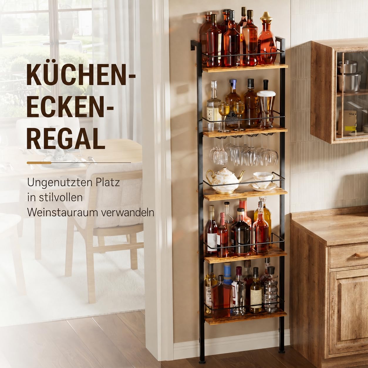 Yorbay 5-Stöckiges Freistehendes Weinregal mit LED-Beleuchtung | Industriestil Flaschenregal mit Glashaltere und Geländer - Schmal Weinständer mit Wandmontage für Küche Esszimmer Bar