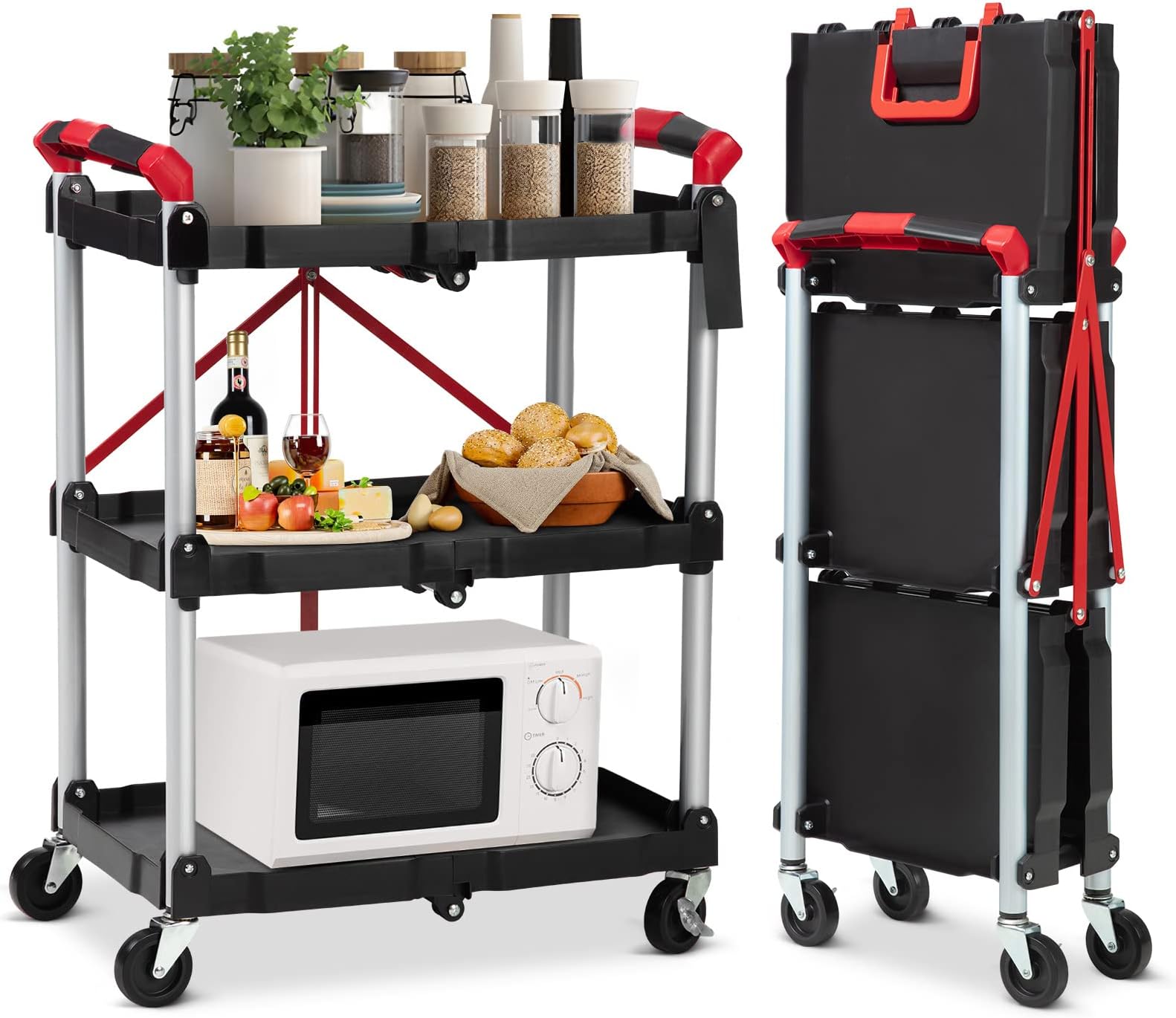- Portable Folding Service Cart, 3 Tier Folding Utility Cart, Collapsible Utility Carts for Office, Warehouse, and Home, High Capacity Tool Cart (Black & Red)