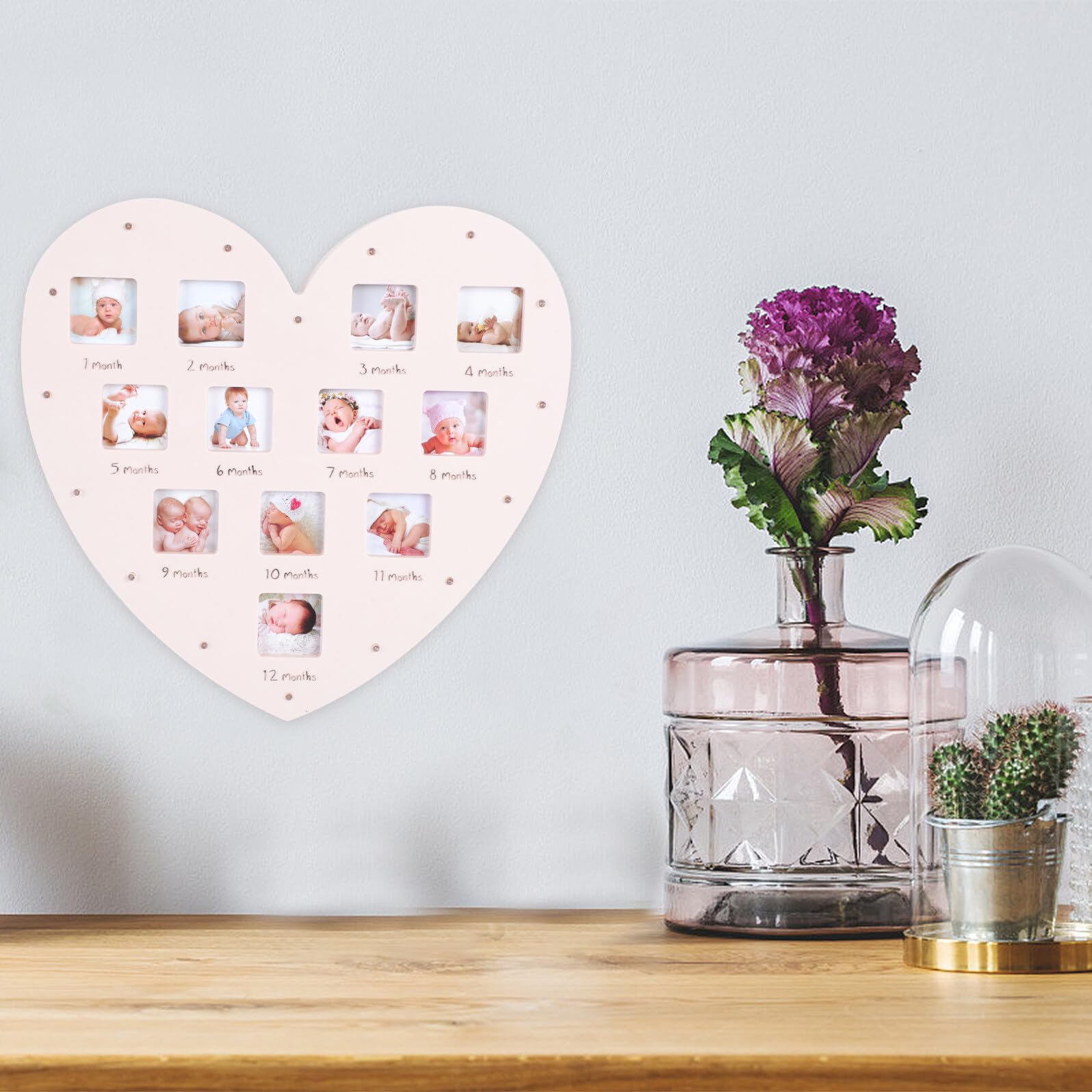 YARNOW Marco de Fotos de Crecimiento para Ñiño en Forma de Corazón con Luz LED Tamaño 335X32 CM para 12 Meses de Recuerdos del Primer Año Decoración para Habitación Infantil