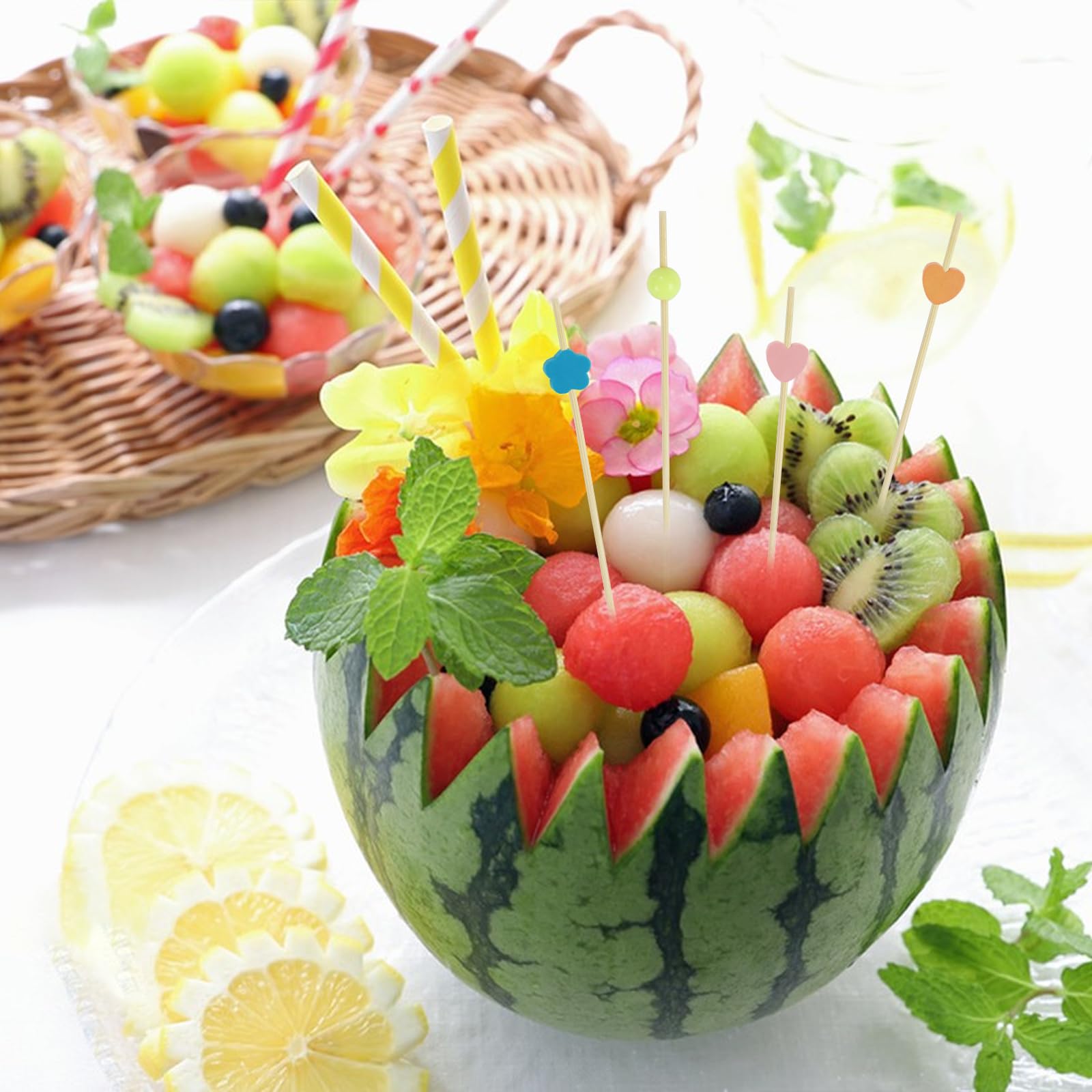 300 Pezzi Stuzzicadenti Decorativi 12cm Bastoncini da Cocktail Legno Stuzzicadenti Lunghi con Decorazioni a Cuore Fiore e Pallina Spiedini Legno per Bar Compleanno Feste Decorativi
