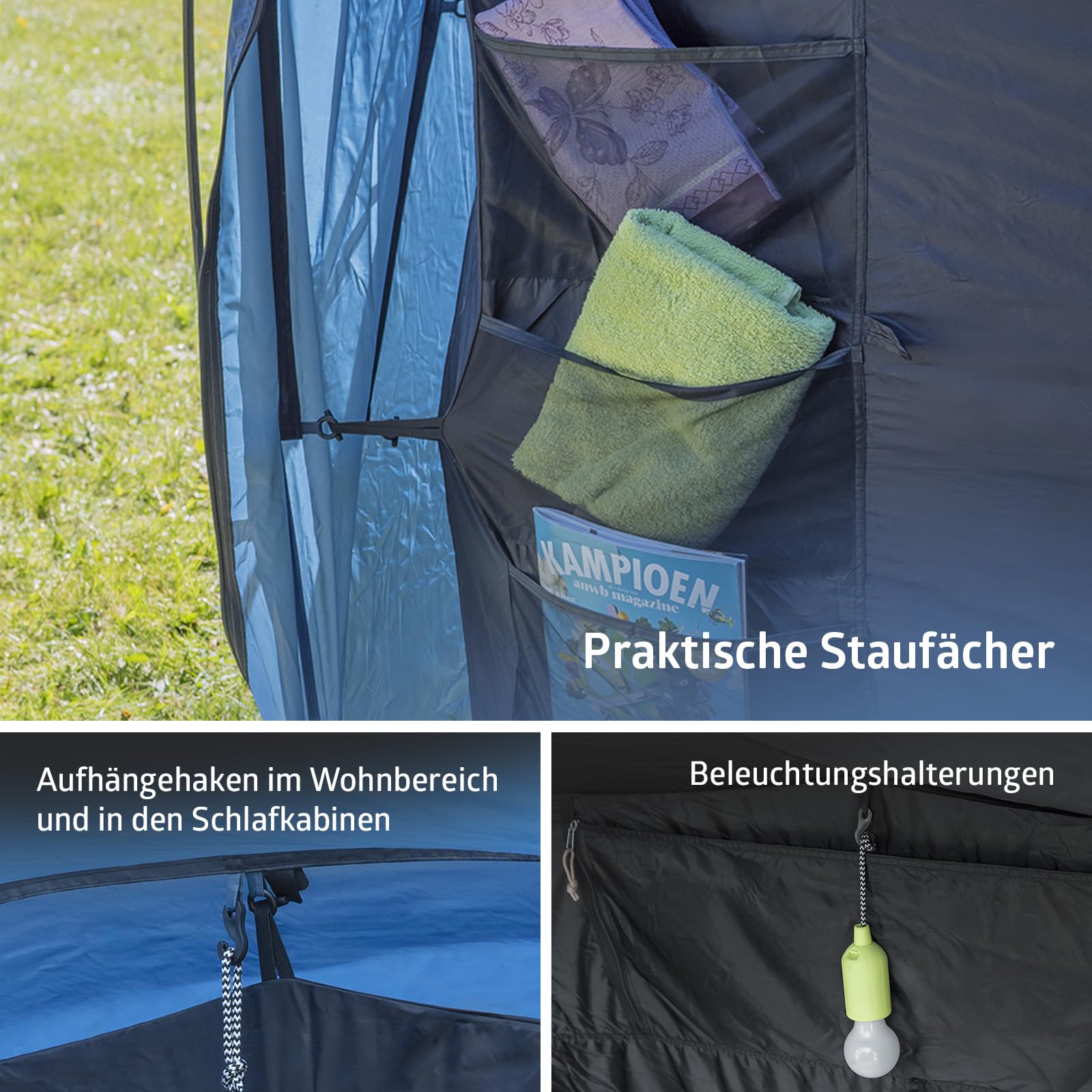Campout 4-Personen Vis-à-Vis Kuppelzelt – 2 Schlafkabinen – 5000 mm Wassersäule – Wohnbereich – Aufbauzeit 15 Min – inkl. Vordachstangen, Heringen & Tragetasche