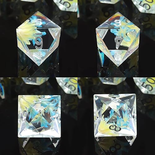 Miniatura 7 de Haxtec Juego de dados DND de flores, dados de borde afilado con estuche de dados hechos a mano de resina azul y amarilla, juego de dados D&D para