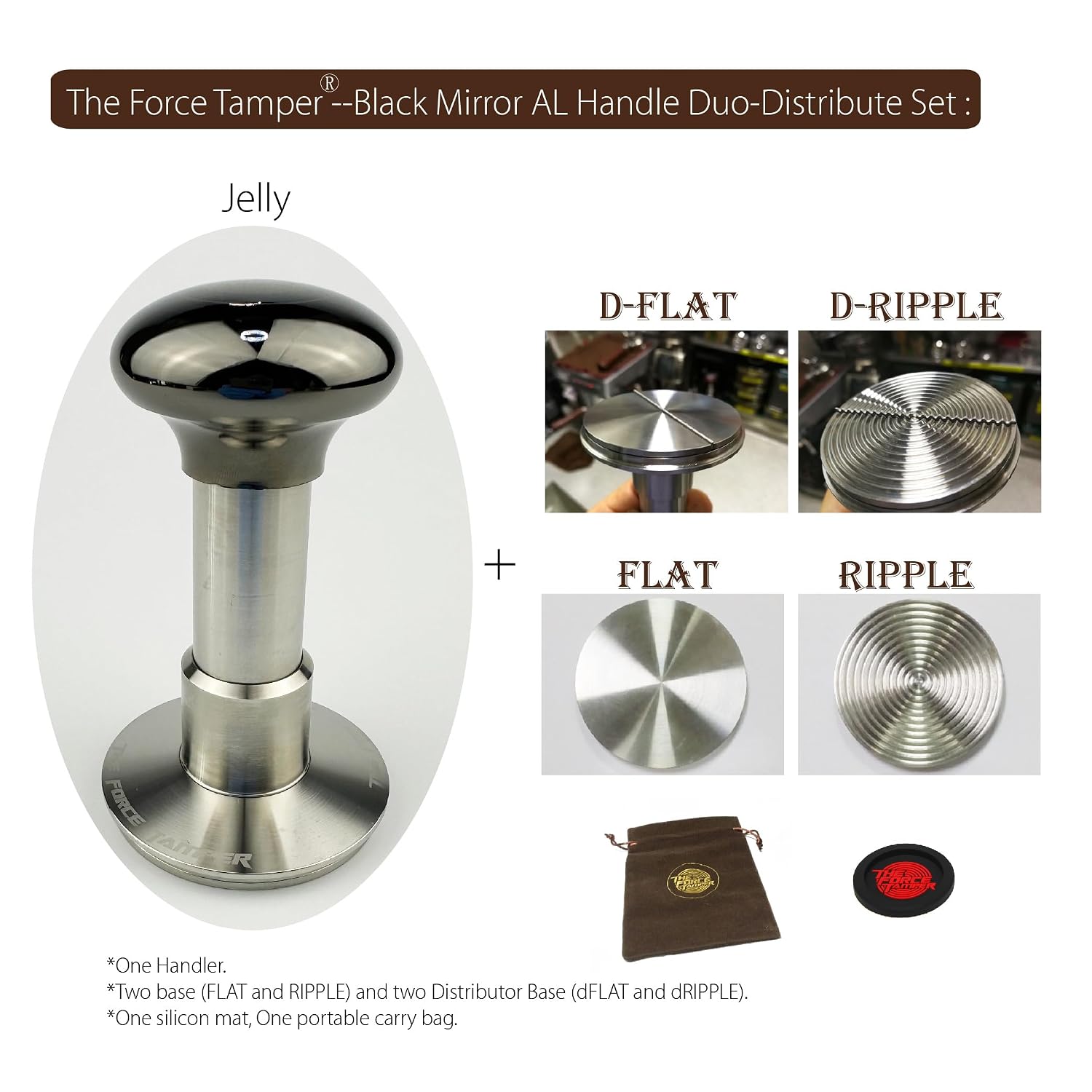 KuGuo The Force Tamper Automatic Impact Adjustable Constant Pressure and Autoleveling Coffee Tamper Black Mirror Jellyfish AL Handle Set Pro (Duo-Distribute Set, 58.50mm)