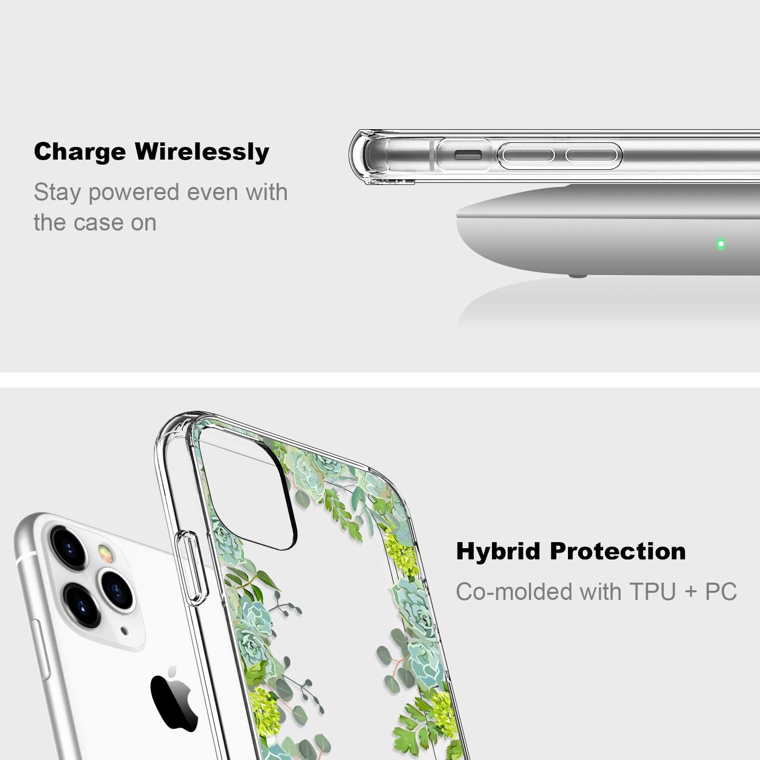 ICEDIO iPhone 11 Pro Max Case with Screen Protector,Clear TPU Cover with Fashionable Designs for Girls Women,Slim Fit Protective Phone Case for iPhone 11 Pro Max 6.5" Green Leaves