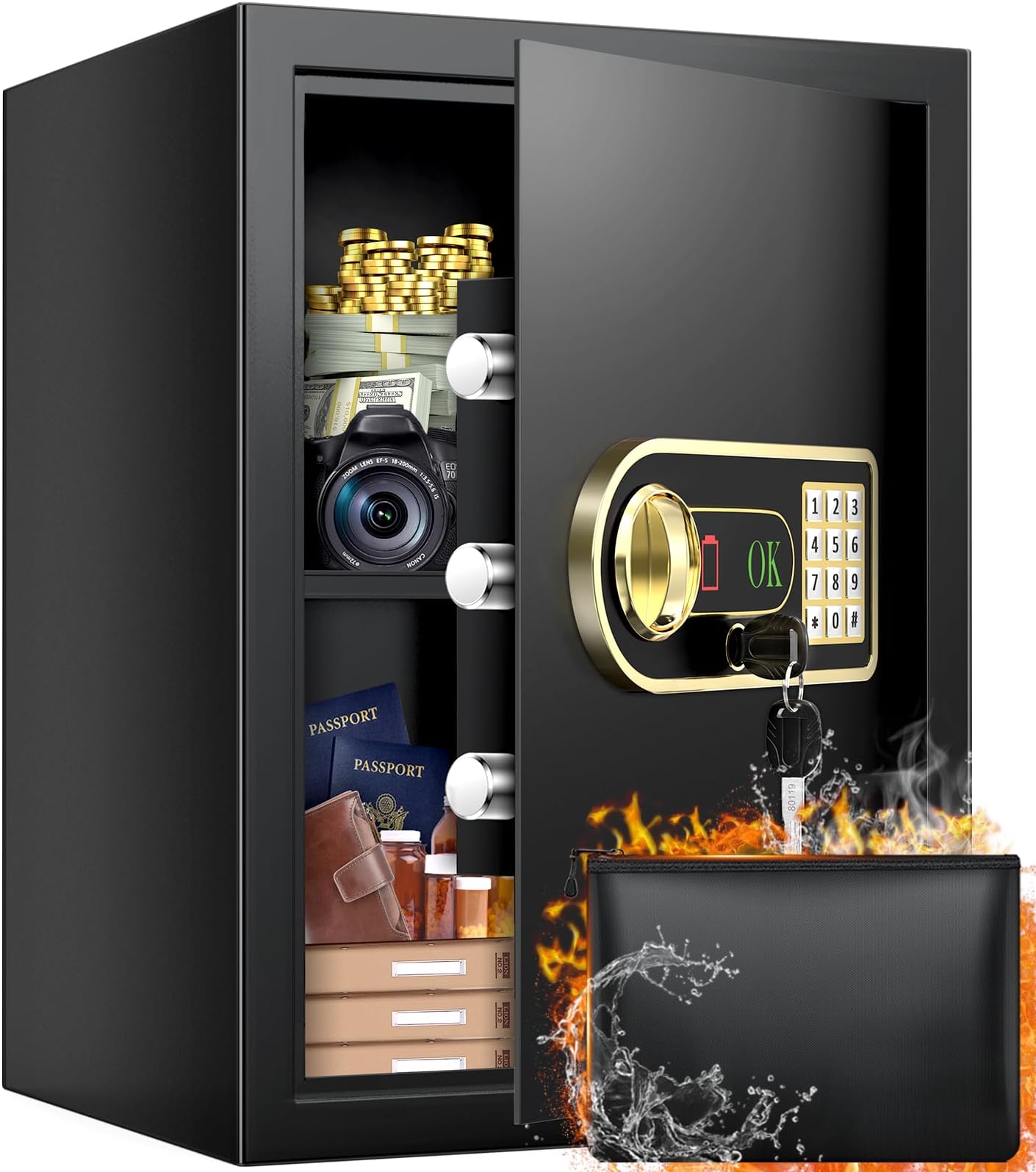Safe for Home, 2.5 Cubic Feet Safe Box with Fireproof Waterproof Bag, Anti-Theft Safes with Programmable Keypad Lock and Spare Keys, Digital Personal Home Safes for Documents Money Valuables