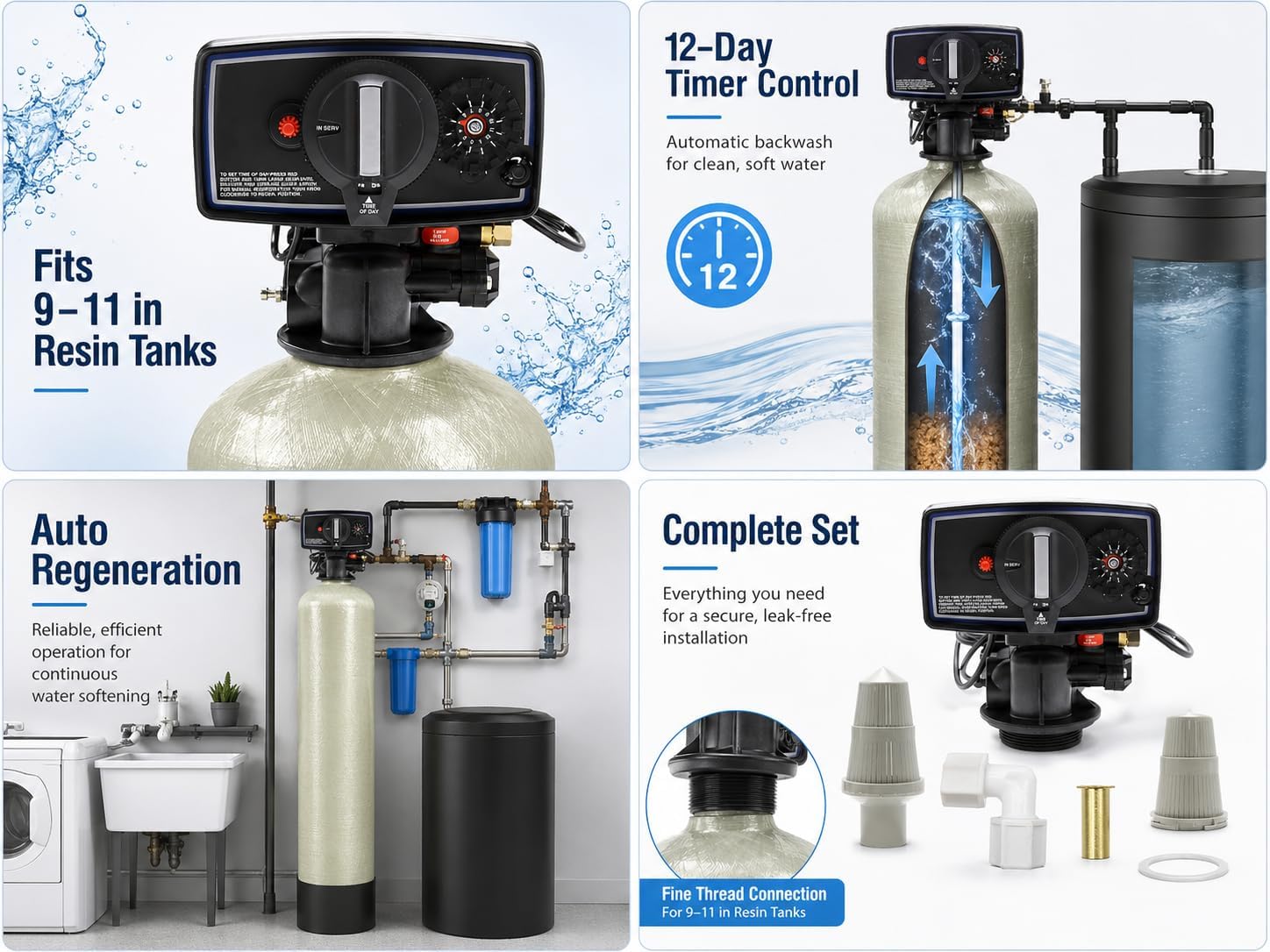 Hoypeyfiy 5600 Water Softener Timer Control Valve, 12-Day Timer Valve for 9"-11" Fine Thread Water Softener Resin Tank, Whole House Water Softener System Replacement