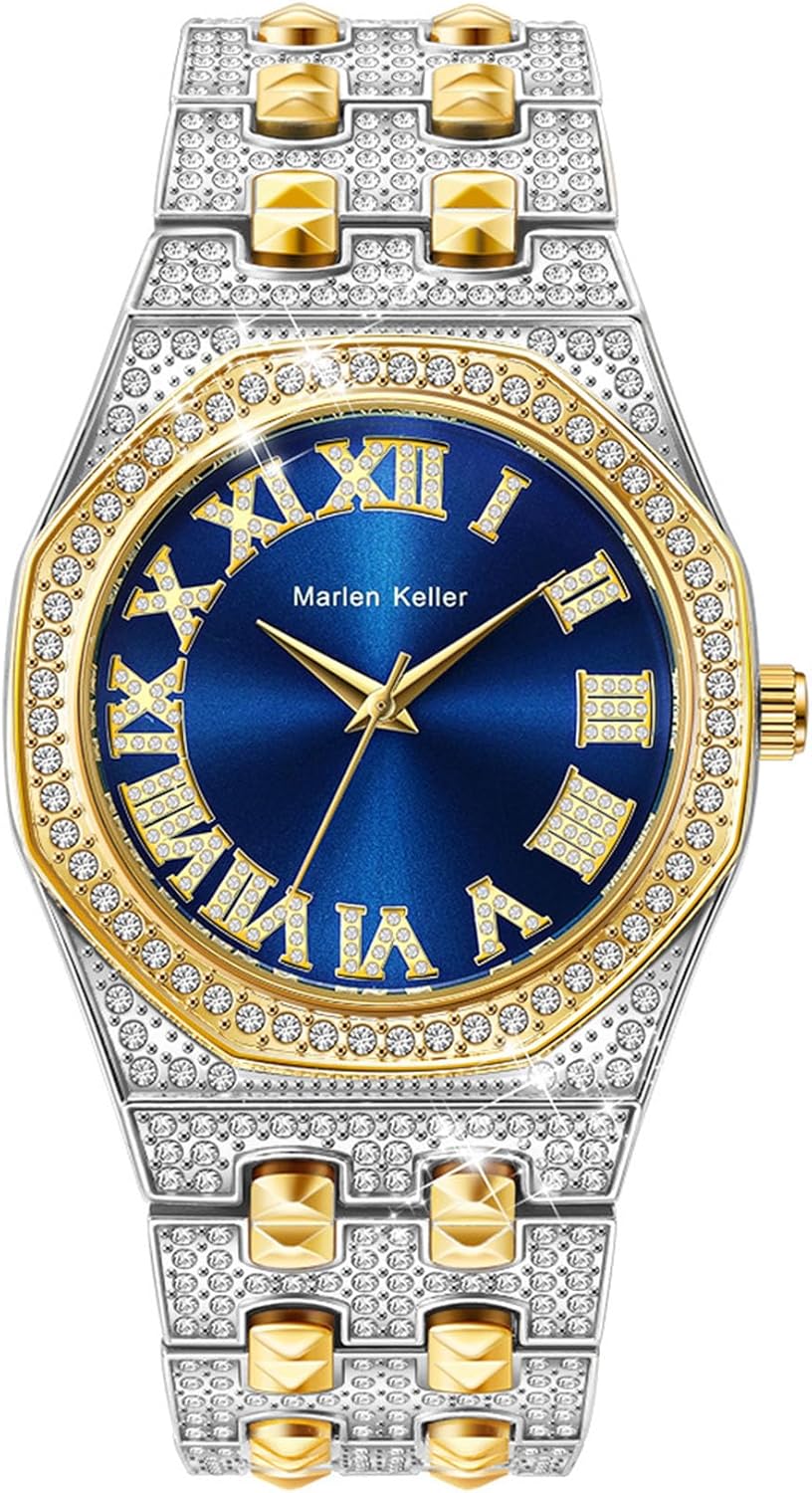 Gosasa Luxury Men's Diamond Watch Octagonal Roman Numerals Dial Bling Hip Hop Quartz Wristwatch for Men Gold Silver Bracelet with Butterfly Clasp
