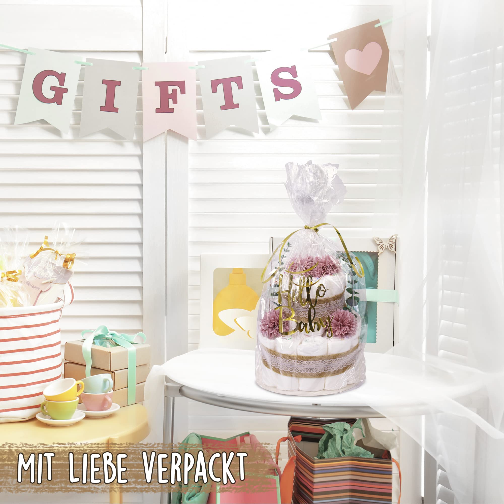 MilaBoo® Tort pieluchy vintage, eukaliptus, liliowy, wysokiej jakości prezent dla noworodka z pieluchami (fioletowy)