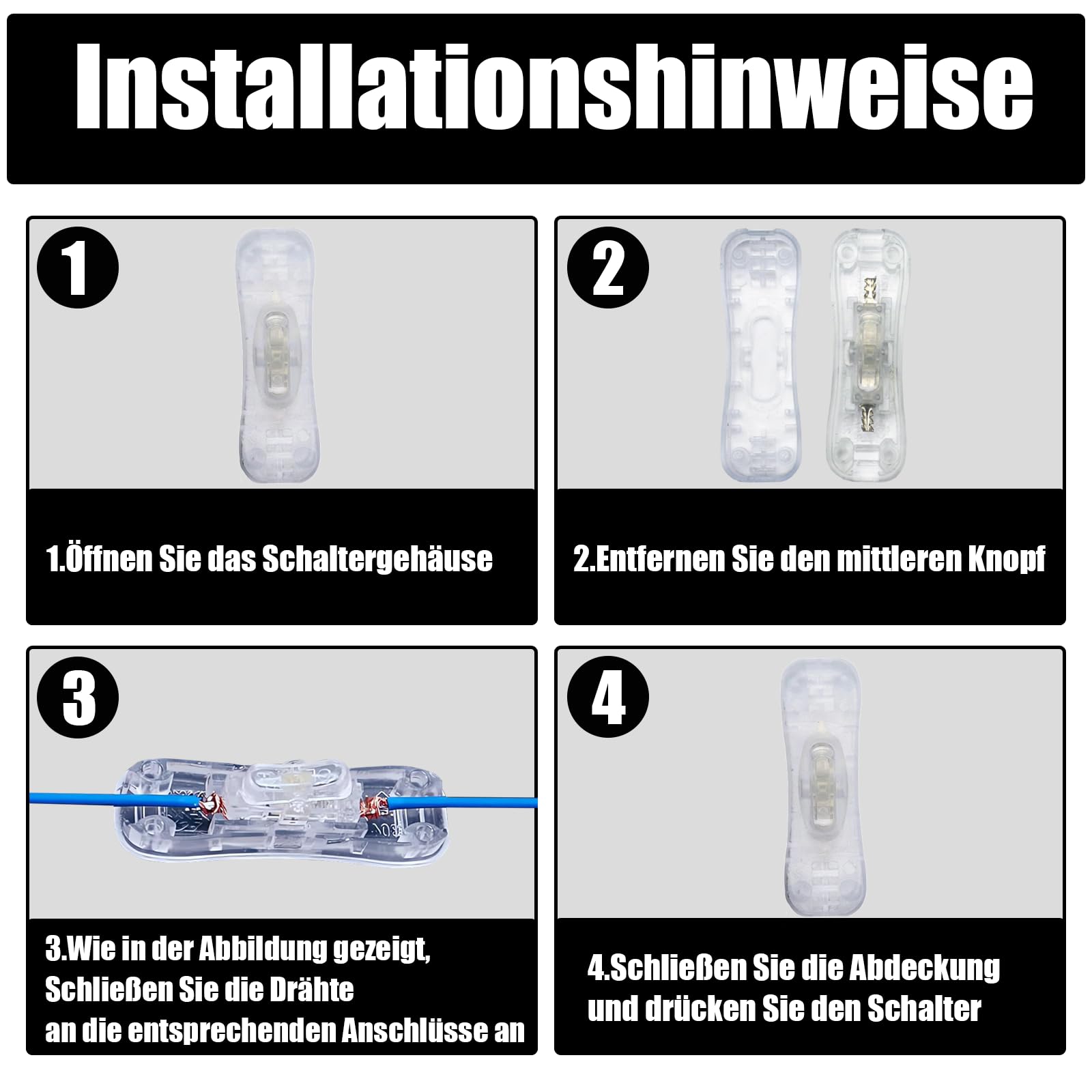 Powice 2 x przełącznik pośredni 2 A, przełącznik 230 V, przełącznik kablowy, odpowiedni do 1-żyłowego przewodu zasilającego i małych urządzeń lub lamp