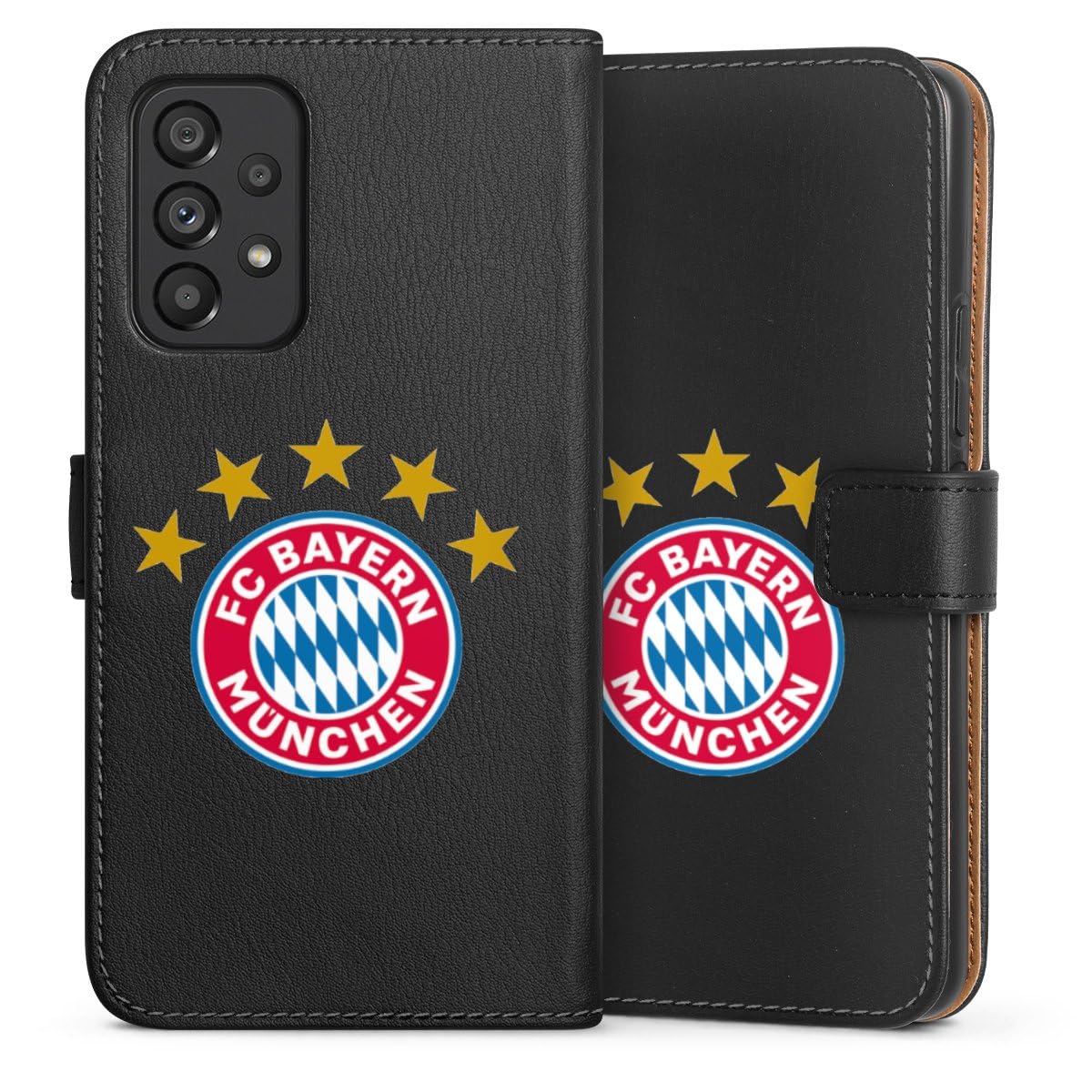 DeinDesign Klapphülle kompatibel mit Samsung Galaxy A53 5G Handyhülle aus Kunst Leder schwarz Flip Case FC Bayern München FCB Sterne
