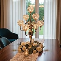 Vista 4 de Centros de mesa de candelabro para mesa, portavelas para centros de mesa, portavelas de cristal alto de 7 brazos, centro de mesa dorado para mesa