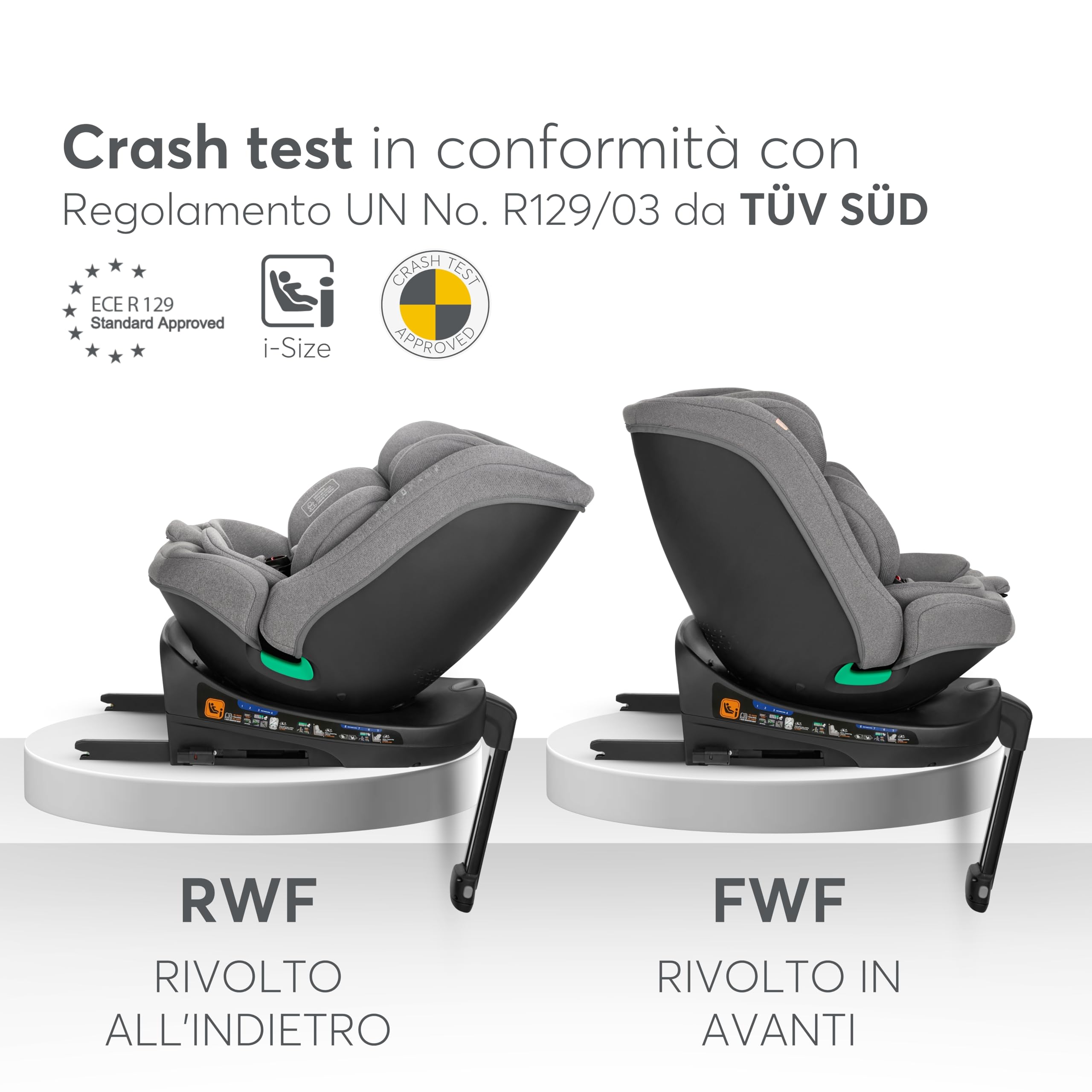 KikkaBoo Seggiolino Auto 0-36 kg (9-36 kg) i-SECURE, Gruppo 0 1 2 3, ISOFIX, i-Size, Rotante a 360º, 40-150 cm, Da 0 a 12 Anni, 12 Posizioni Poggiatesta, Grigio chiaro