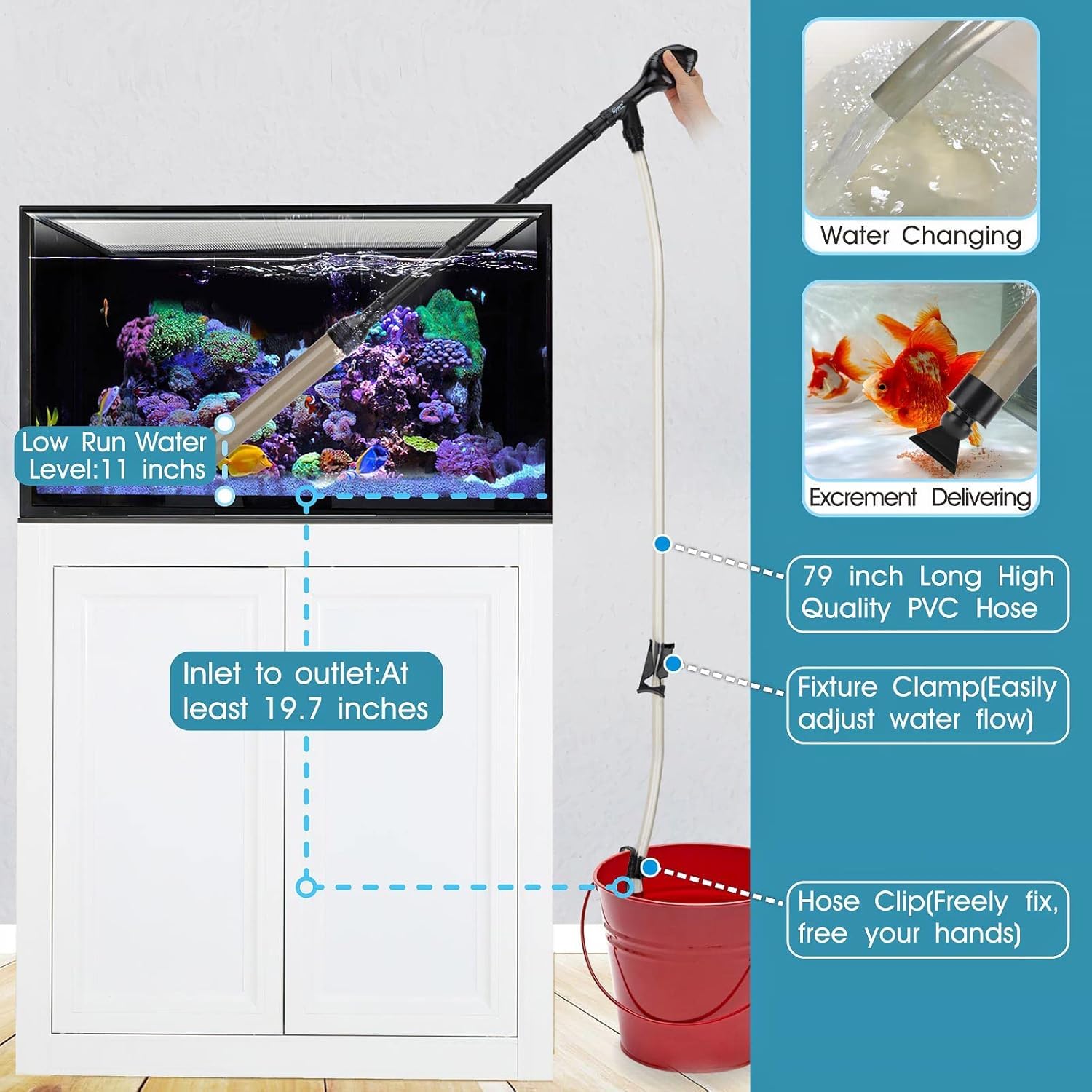 hygger Aspirador de grava 960LPH para acuario, correr en segundos acuario grava limpiador de bajo nivel de agua cambiador de agua limpiador de tanque de peces con pellizco o mango bola de succión