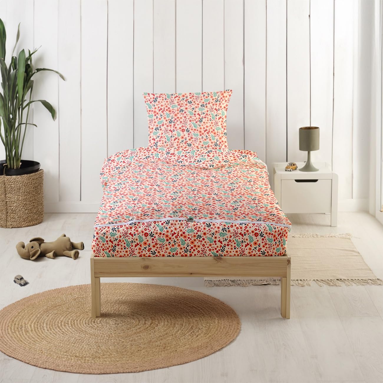 Bleu Calin Caradou® Fleurs Parure de Lit Enfant en Coton 4 pièces: Couchage Tout-​en-​Un avec Couette - 90x190cm