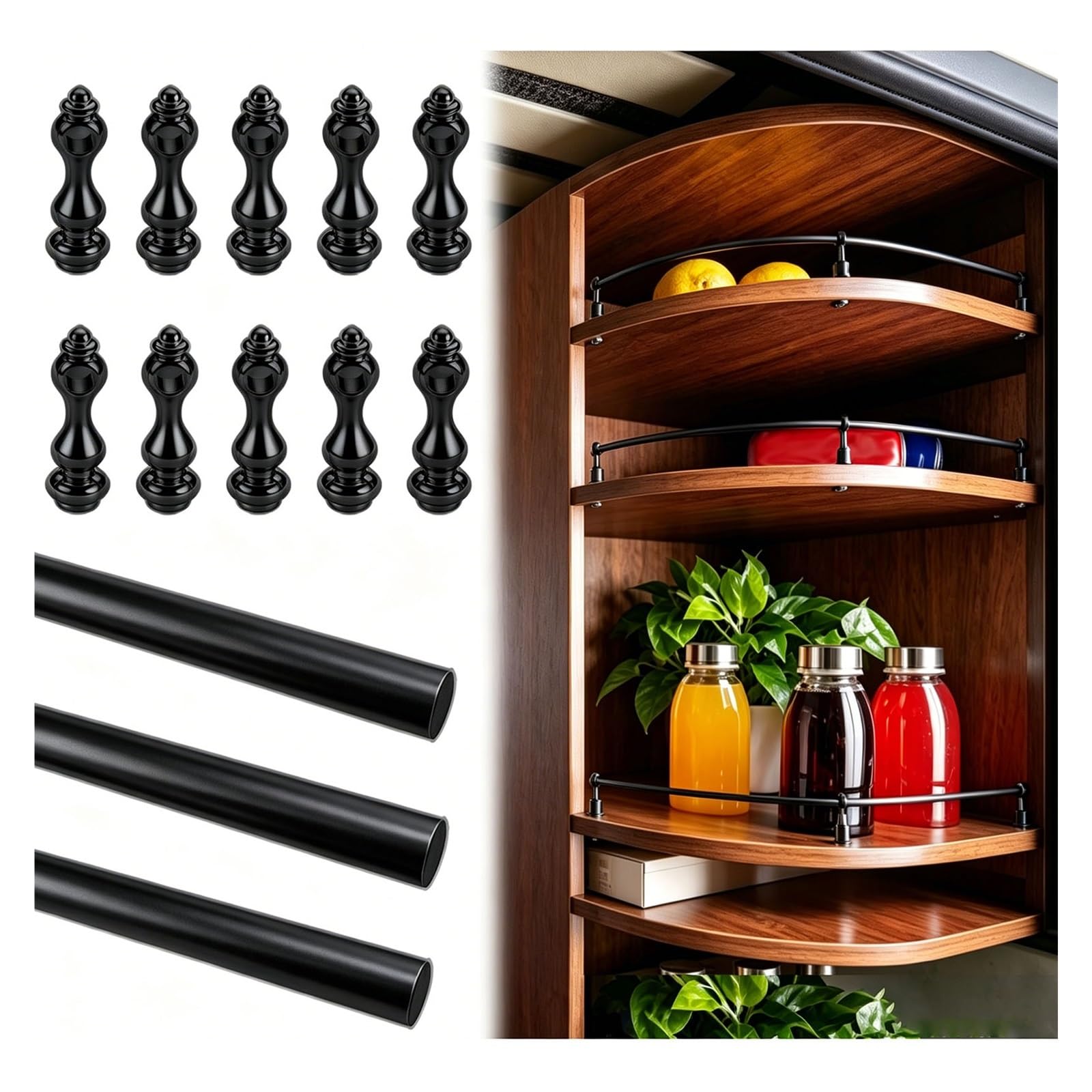3-Pcs Aluminum Alloy Shelf Guard Rail, Bendable Cabinet Corners Fence Bar, Anti-Tipping Railing for Bookshelf, Wine Storage, Display Rack, Pantry(Black,44cm/17.3in)