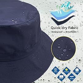 woogwin Waterproof Bucket Rain Hat with Chin Strap Quick Dry Packable Boonie Sun Hat Safari Hat UV Protection(Navy)