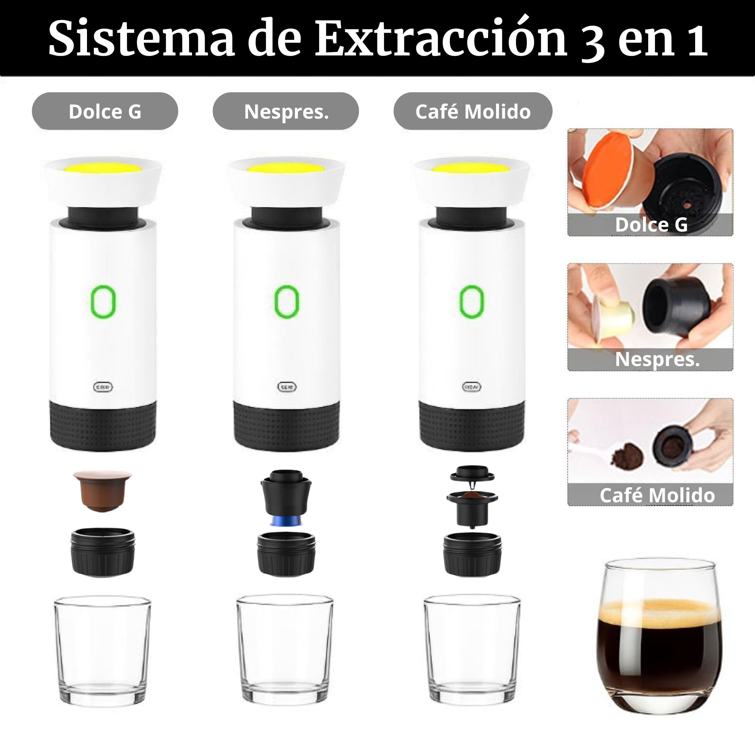 Cafetera Portatil Capsulas 3 en 1 compatible con Nespresso Dolce Gusto y Café Molido - Mini Cafetera Portátil Multicapsulas Universal para Llevar - Maquina Cafe Portatil Pequeña