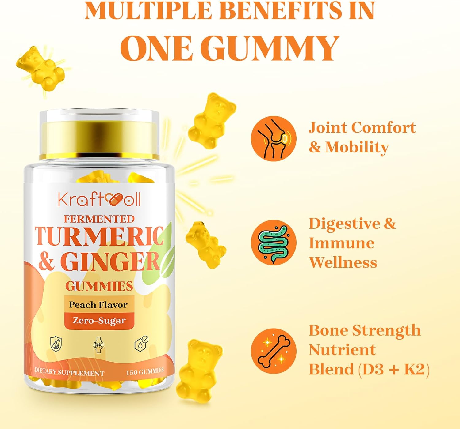 Turmeric Curcumin with Ginger Gummies, Vegan Formula with Fermented Turmeric & Black Pepper, Joint Comfort & Mobility, Sugar-Free with Vitamin D3 + K2, Natural Peach Flavor – 150 Gummies (2 Bottles) - Image 4