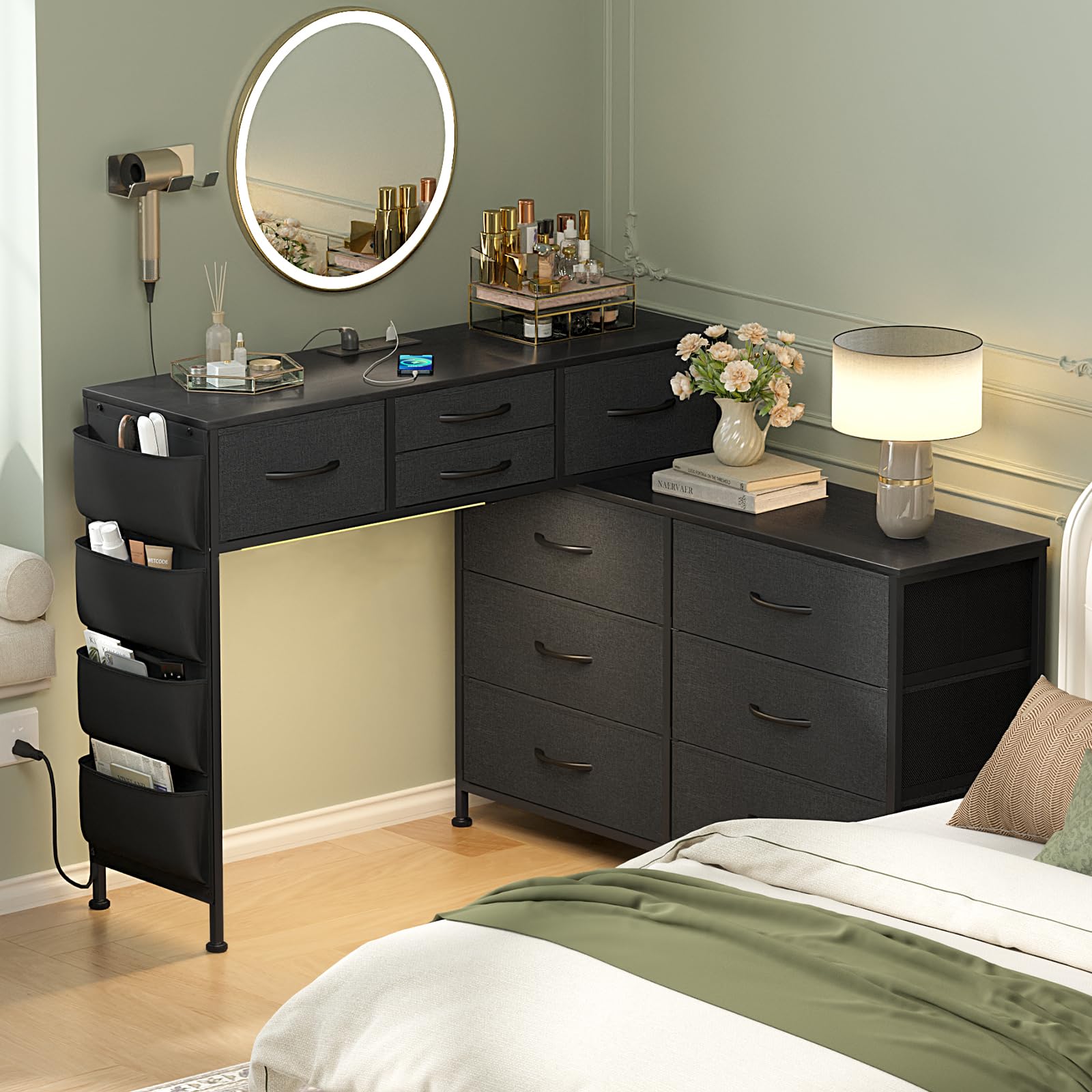 Cómoda de 170 cm con estación de carga y luz LED, mesa de tocador giratoria con 10 cajones de tela y bolsillos laterales, mesa de maquillaje moderna para oficina en casa, gris negro
