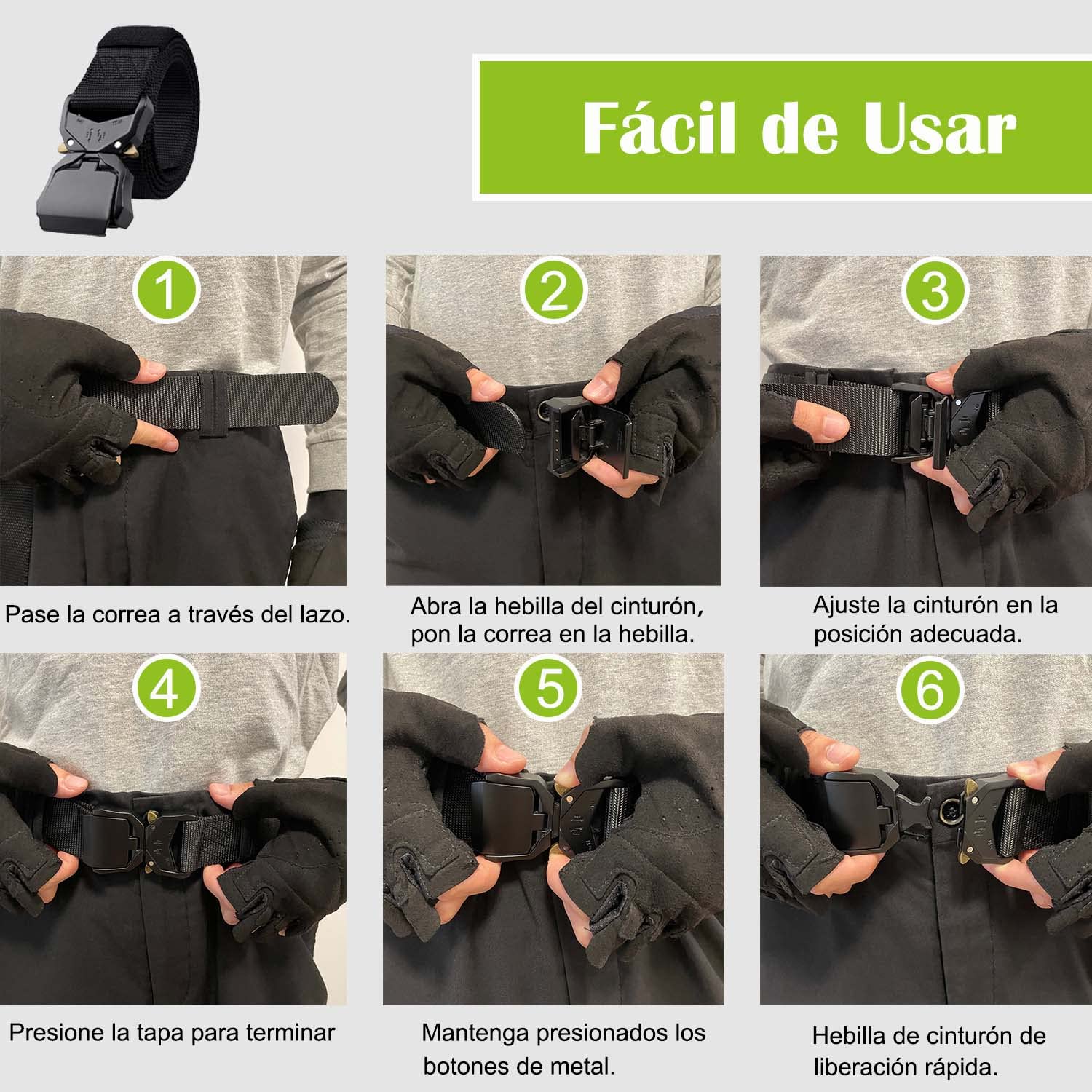 Cinturón Táctico para Hombres, Cinturón de Alto Rendimiento de 1.5 Pulgadas Cinturón Hebilla de Metal de Liberación Rápida, Cinturón de Senderismo con Gancho(Negro)