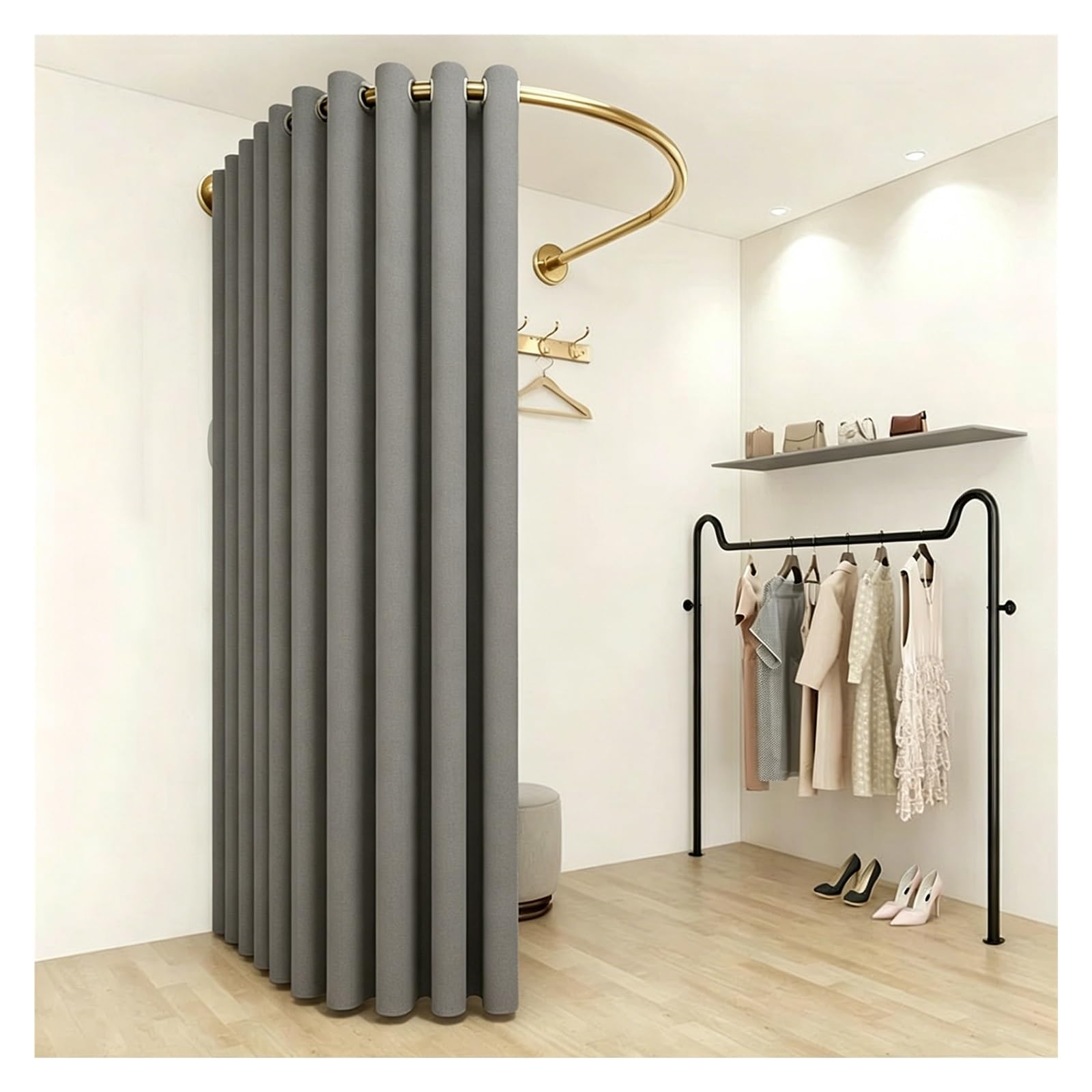 ZJKXJH Boutique Fitting Room Partition Curtain Rod, Wall Mount U Shaped Heavy Duty Curved Rail for Clothing Store, Privacy Partition Curtain Rod(With C Curtains,Gold Rod 140cm/55.1in)