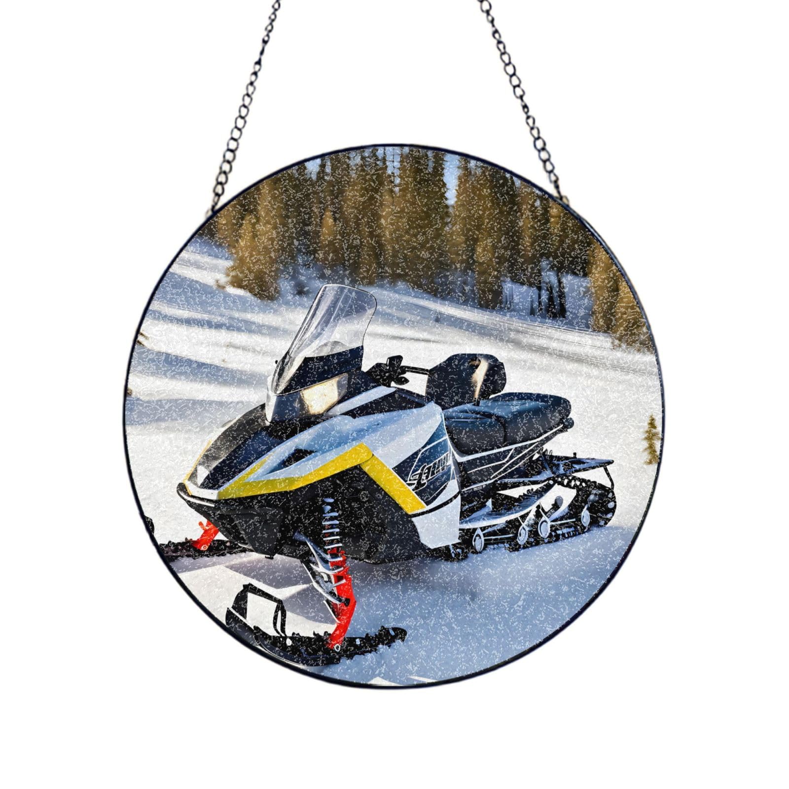 Phayah Advanced Snowmobile Print Glass Window Hanging Round Suncatcher Glass Ornament Garden Wall Fence Decorations Indoor Outdoor 8in（20cm）