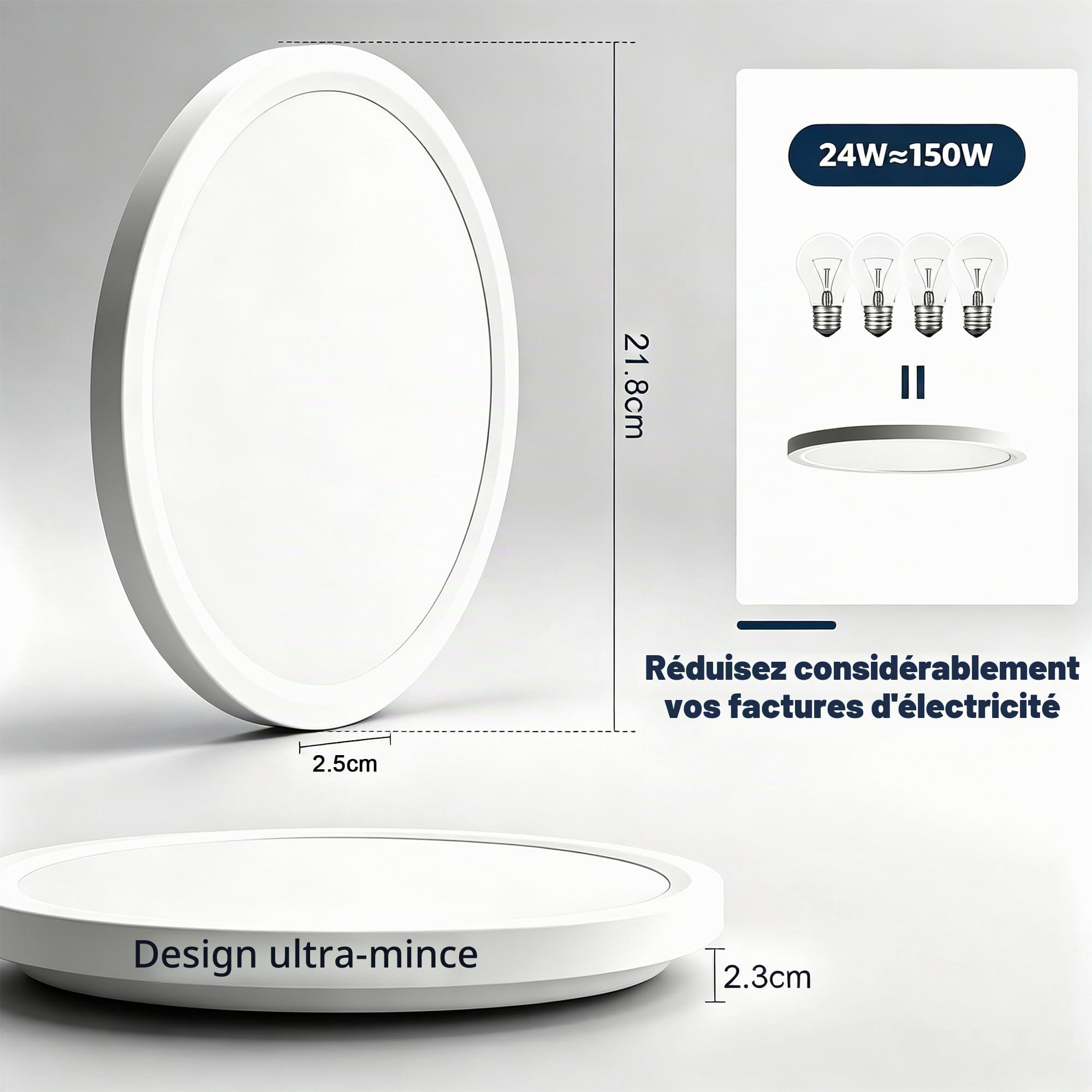 Lot de 4 plafonniers LED, ronds plats, 24 W 5000 K, éclairage LED pour salle de bain, chambre, salon, cuisine, sous-sol, balcon, ultra-fin, Ø 29 x H 2,5 cm